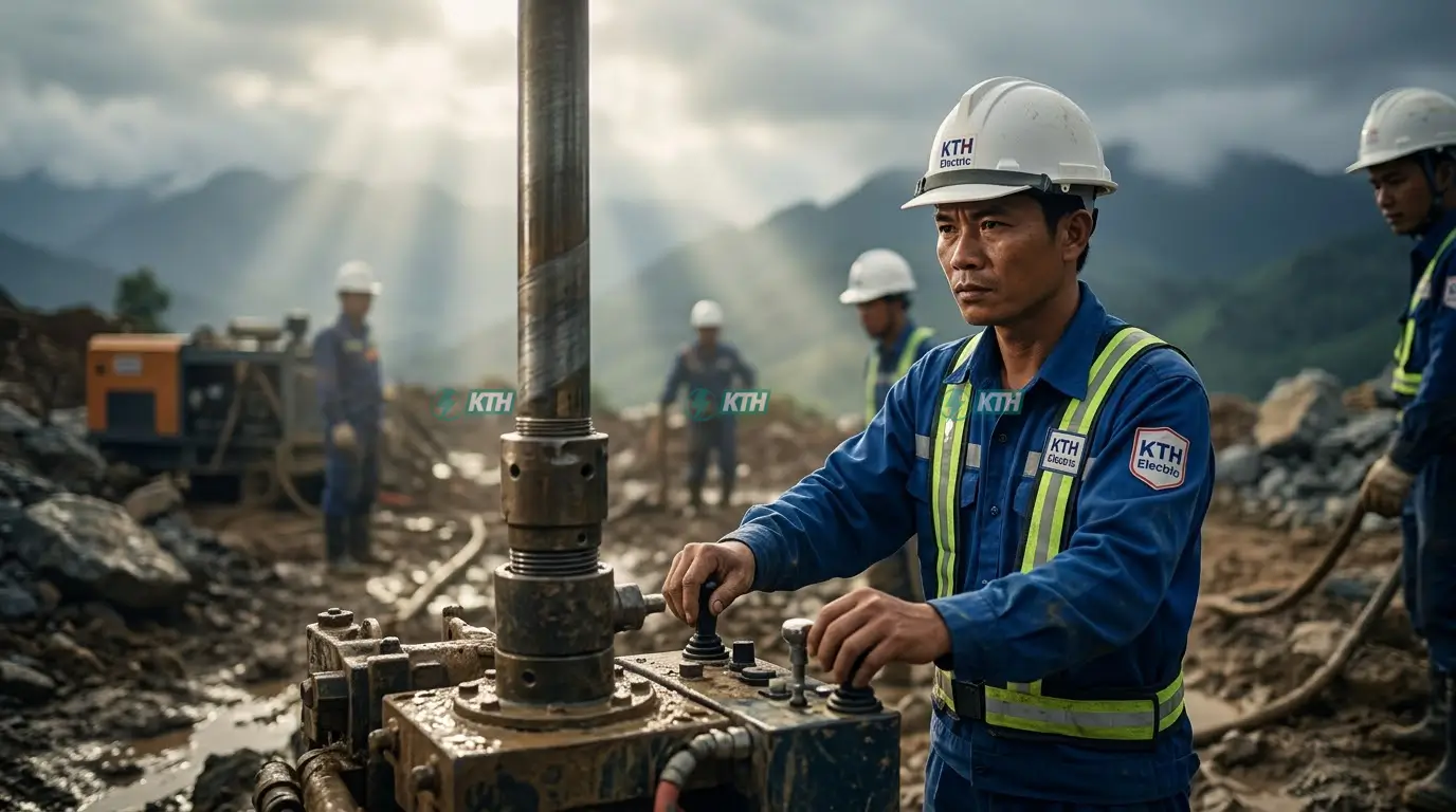 Dịch vụ thi công khoan tiếp địa chống sét tại Quảng Ngãi - Kỹ thuật khoan giếng tiếp địa sâu 30m đạt chuẩn TCVN 9385 - Kỹ sư điện KTH Electric đang vận hành máy khoan lỗ tiếp địa cho nhà xưởng.