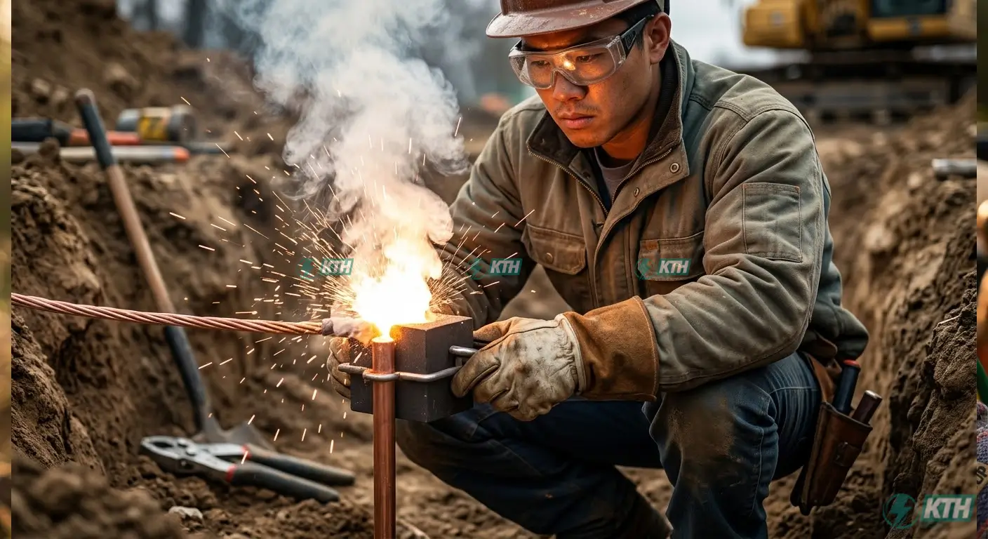 Quy trình thi công mối hàn hóa nhiệt liên kết cáp đồng trần với cọc tiếp địa thép mạ đồng.