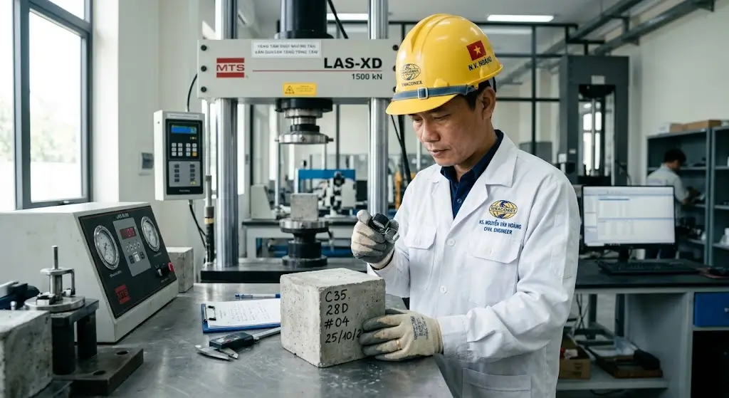 Kỹ sư tại phòng thí nghiệm LAS-XD đang kiểm tra ngoại quan mẫu đúc bê tông lập phương trước khi ép mác R28.