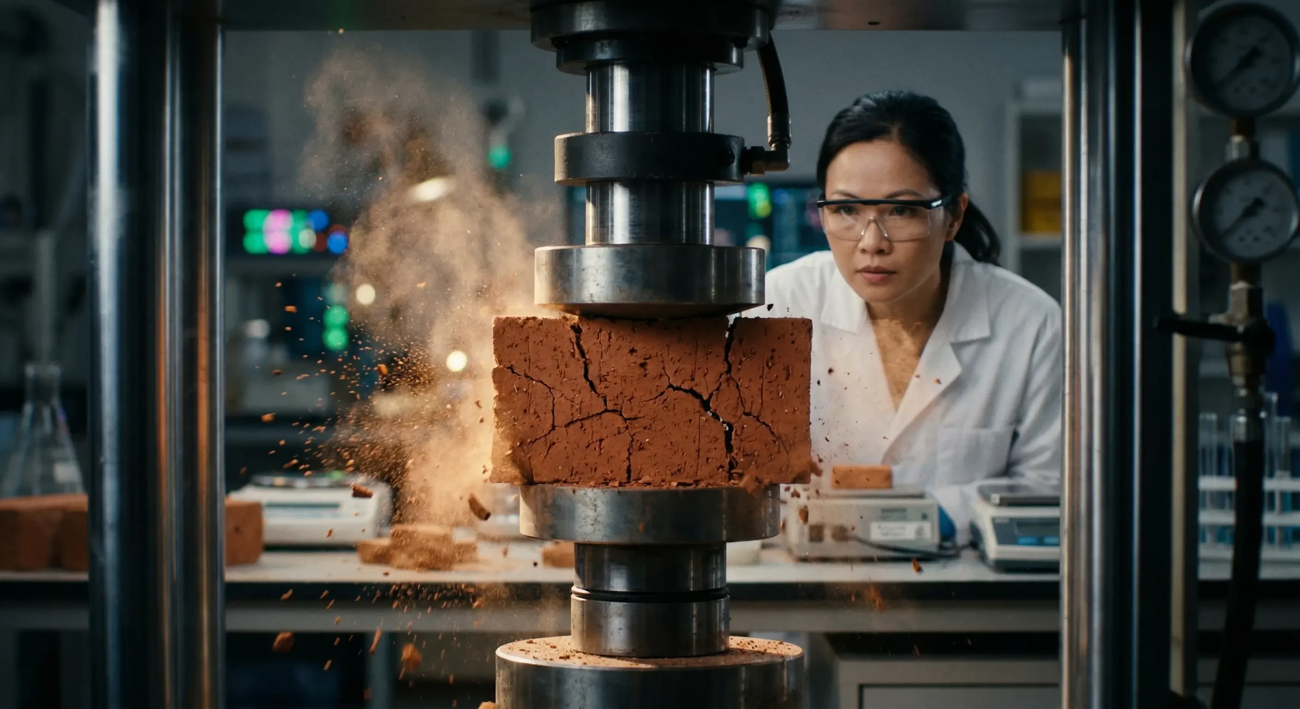 Thí nghiệm viên phòng LAS-XD vận hành máy nén thủy lực để kiểm tra cường độ chịu nén gạch tuynel M75.