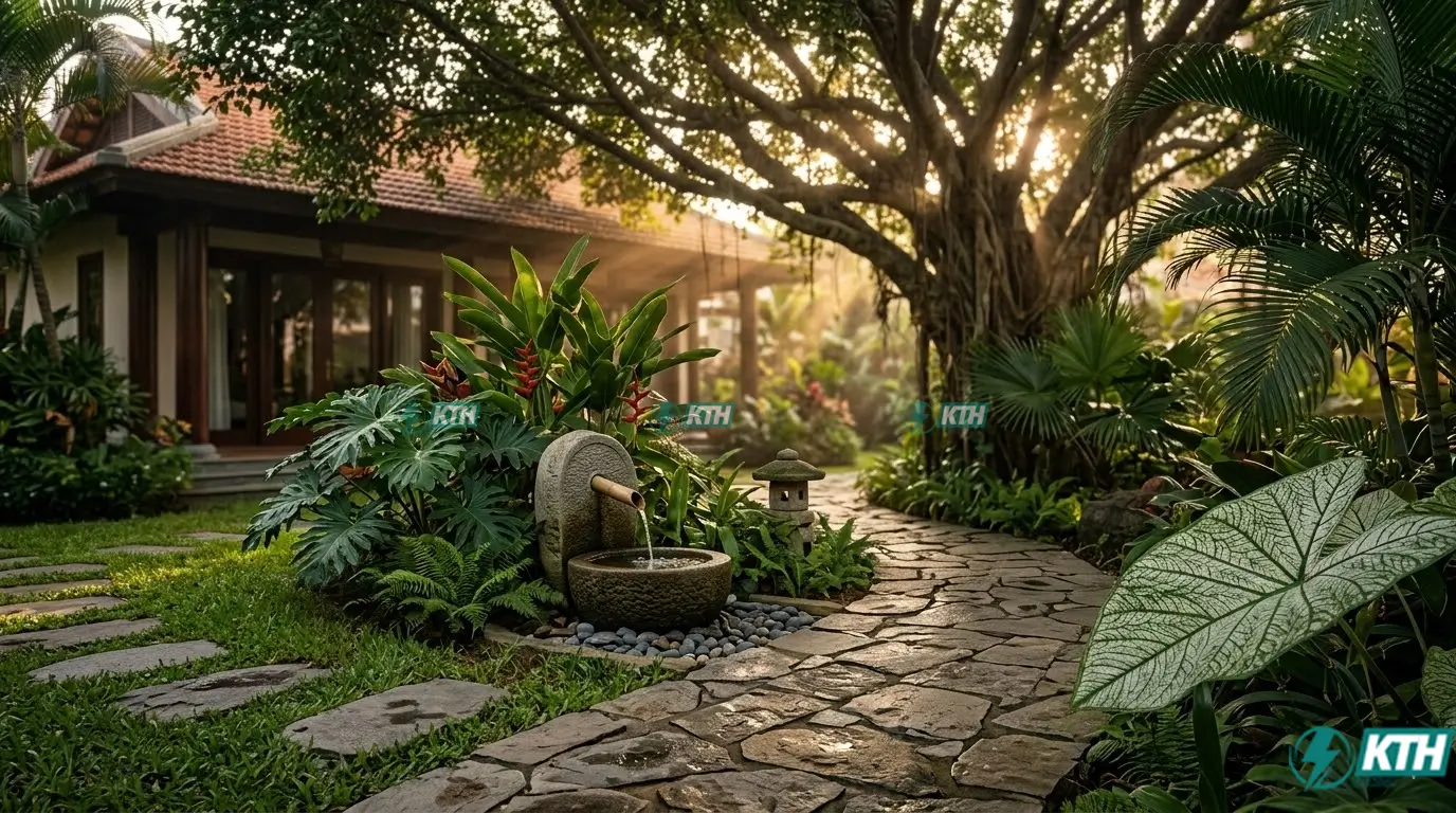 Thiết kế cảnh quan sân vườn biệt thự bố trí ngoại thất với vật liệu lát lối đi và cây bóng mát