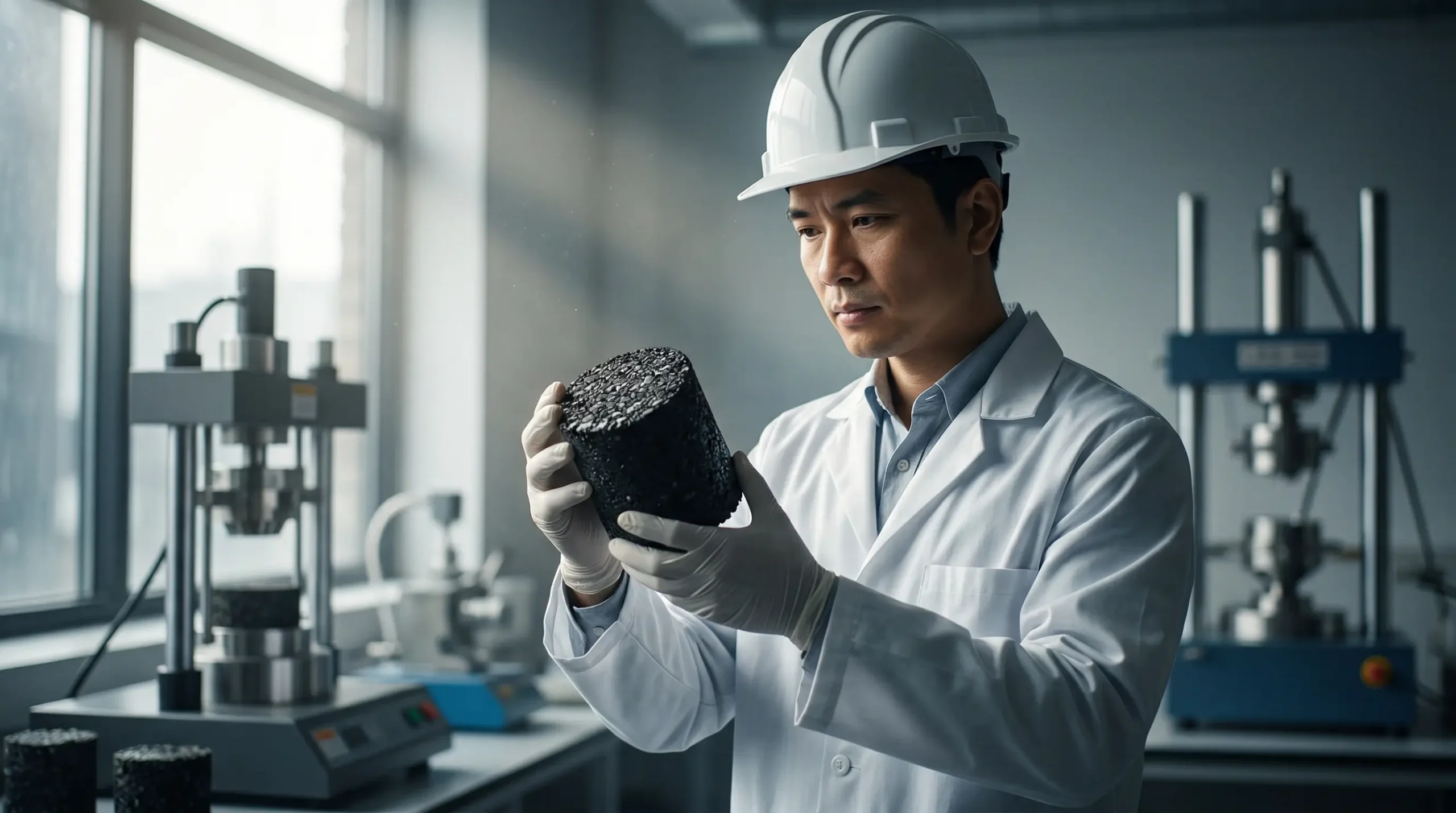 Chuyên gia phòng thí nghiệm LAS-XD thực hiện thiết kế cấp phối Marshall xác định hàm lượng nhựa tối ưu cho bê tông nhựa nóng.