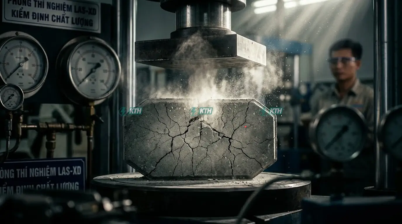 Cận cảnh quá trình máy nén thủy lực xác định cường độ chịu lực, kiểm tra kết cấu mao quản và độ hút nước gạch bê tông tự chèn vỉa hè trong phòng lab KTH Electric.