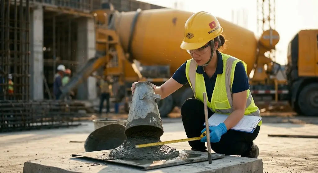 Kỹ sư hiện trường thử nghiệm độ sụt hỗn hợp bê tông tươi bằng côn Abram để đánh giá tính công tác.