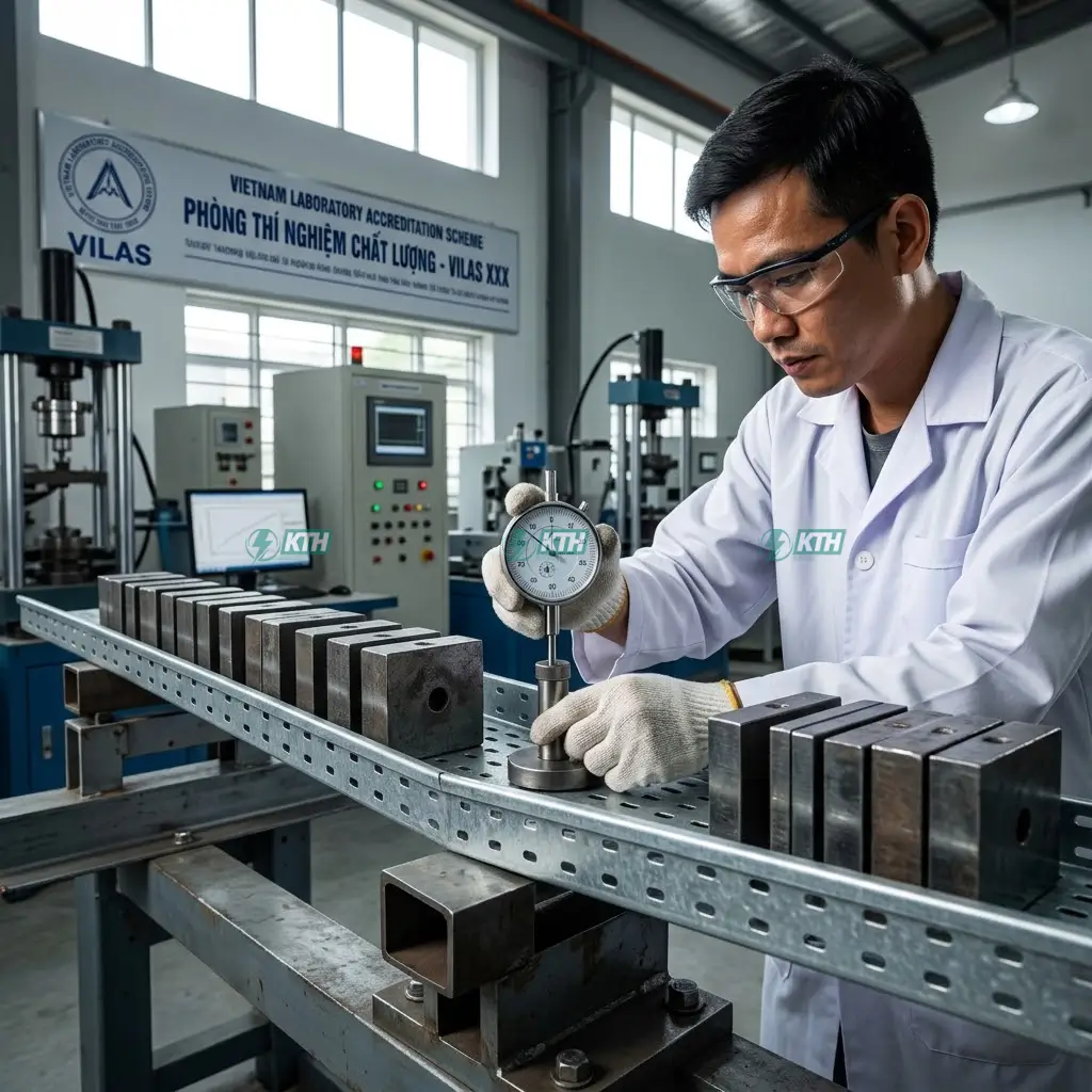 Thử nghiệm tải trọng làm việc an toàn SWL và đo độ võng tối đa của thang máng cáp theo tiêu chuẩn thử nghiệm IEC 61537 tại phòng lab VILAS.