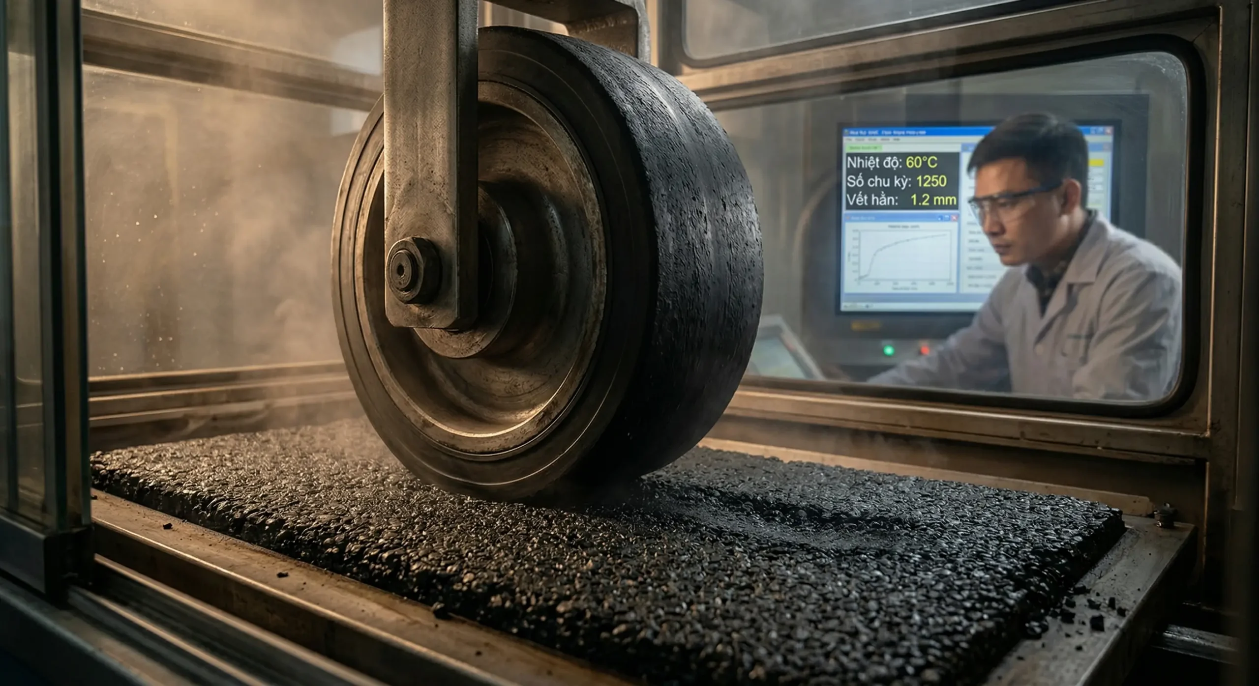 Thử nghiệm vệt hằn bánh xe bê tông nhựa đánh giá khả năng chống hằn lún mặt đường cao tốc theo TCVN 13567.