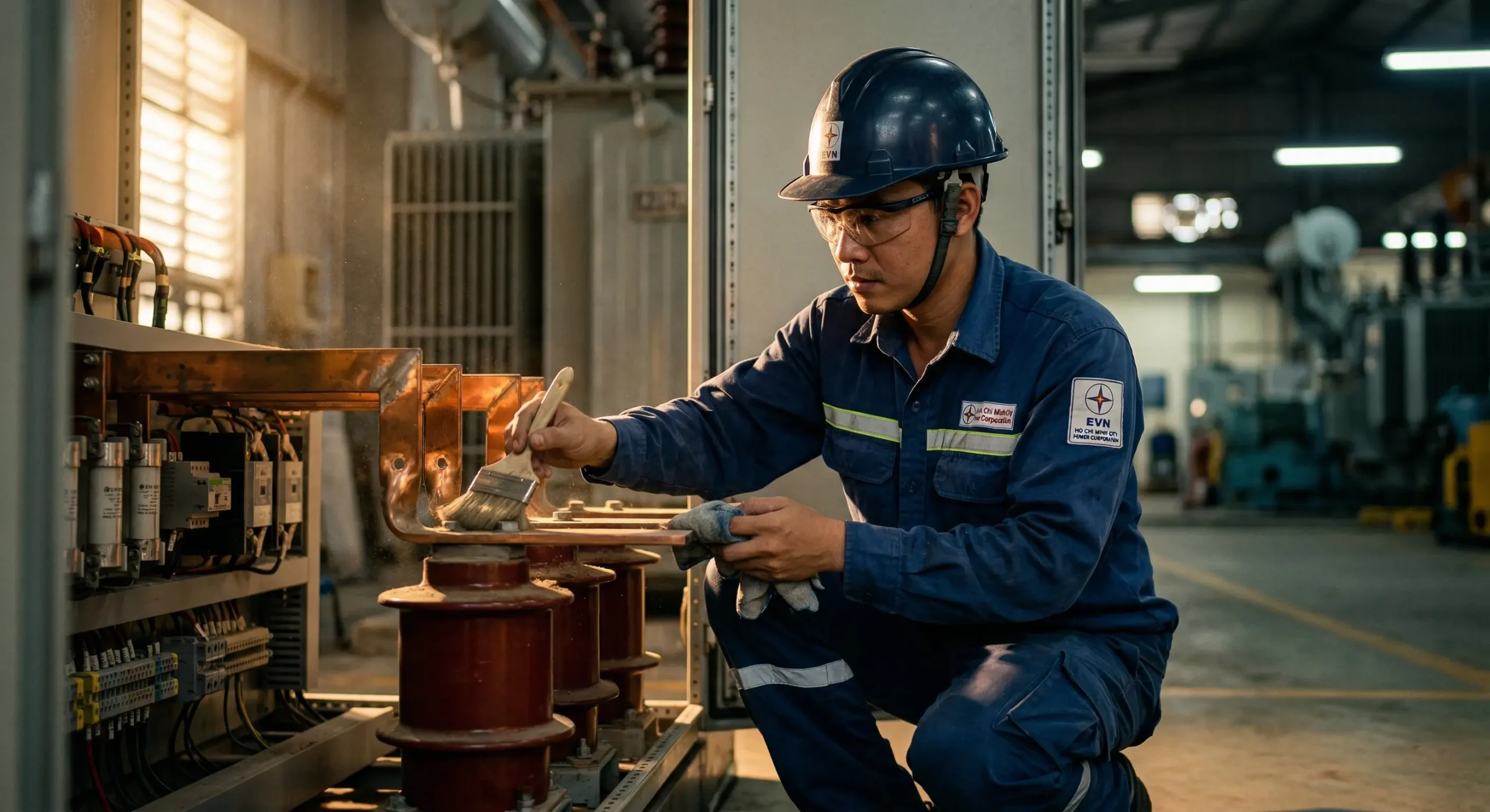 Bảo dưỡng vệ sinh tủ trung thế định kỳ: Kỹ sư đang lau chùi thanh cái đồng và sứ cách điện chống hiện tượng phóng điện cục bộ do đọng sương nồm ẩm.