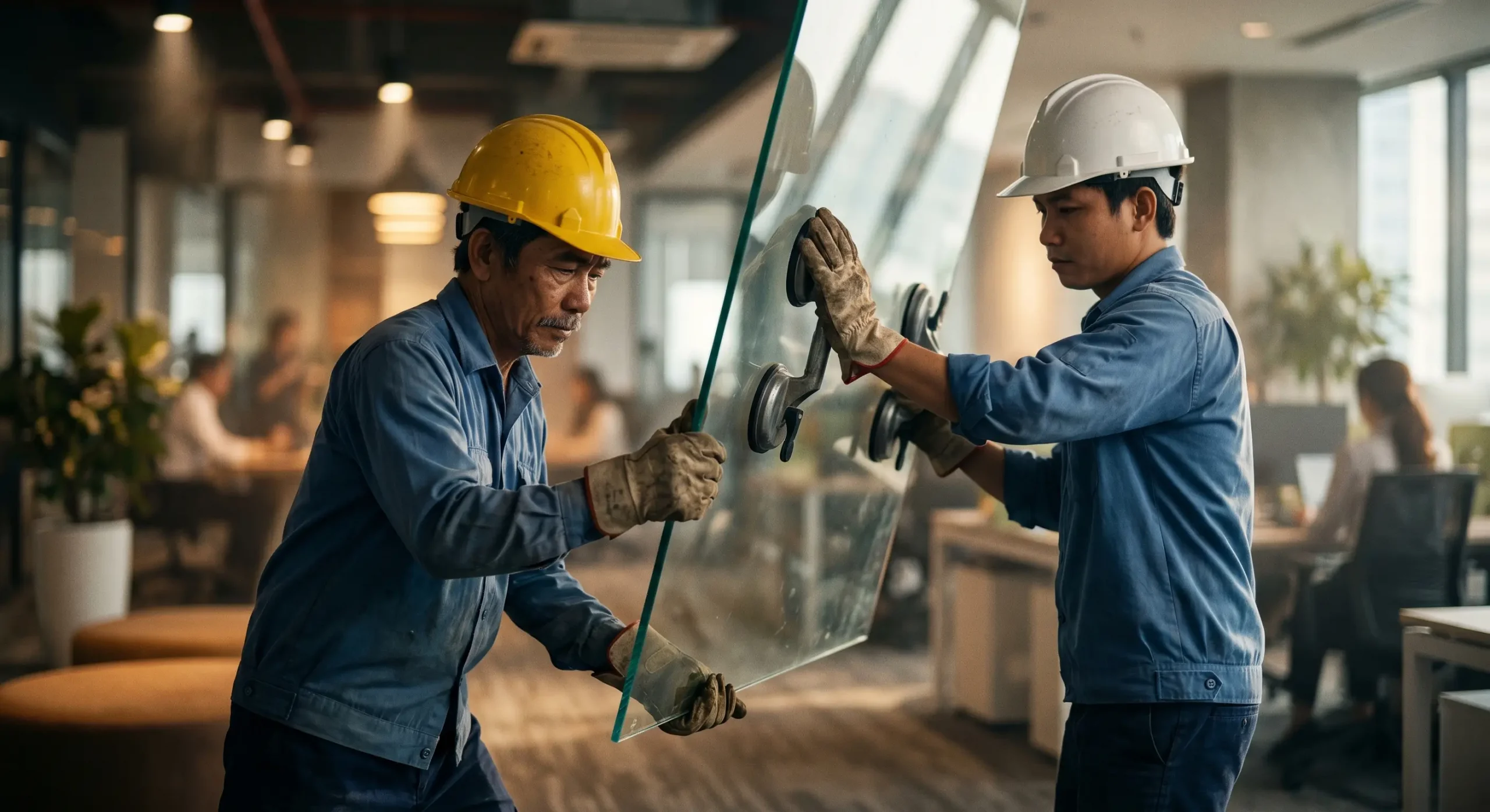 Báo giá thi công đập phá vách thạch cao hoàn trả mặt bằng tòa nhà, đội thợ đang tháo dỡ vách kính cường lực an toàn đúng tiêu chuẩn ban quản lý.