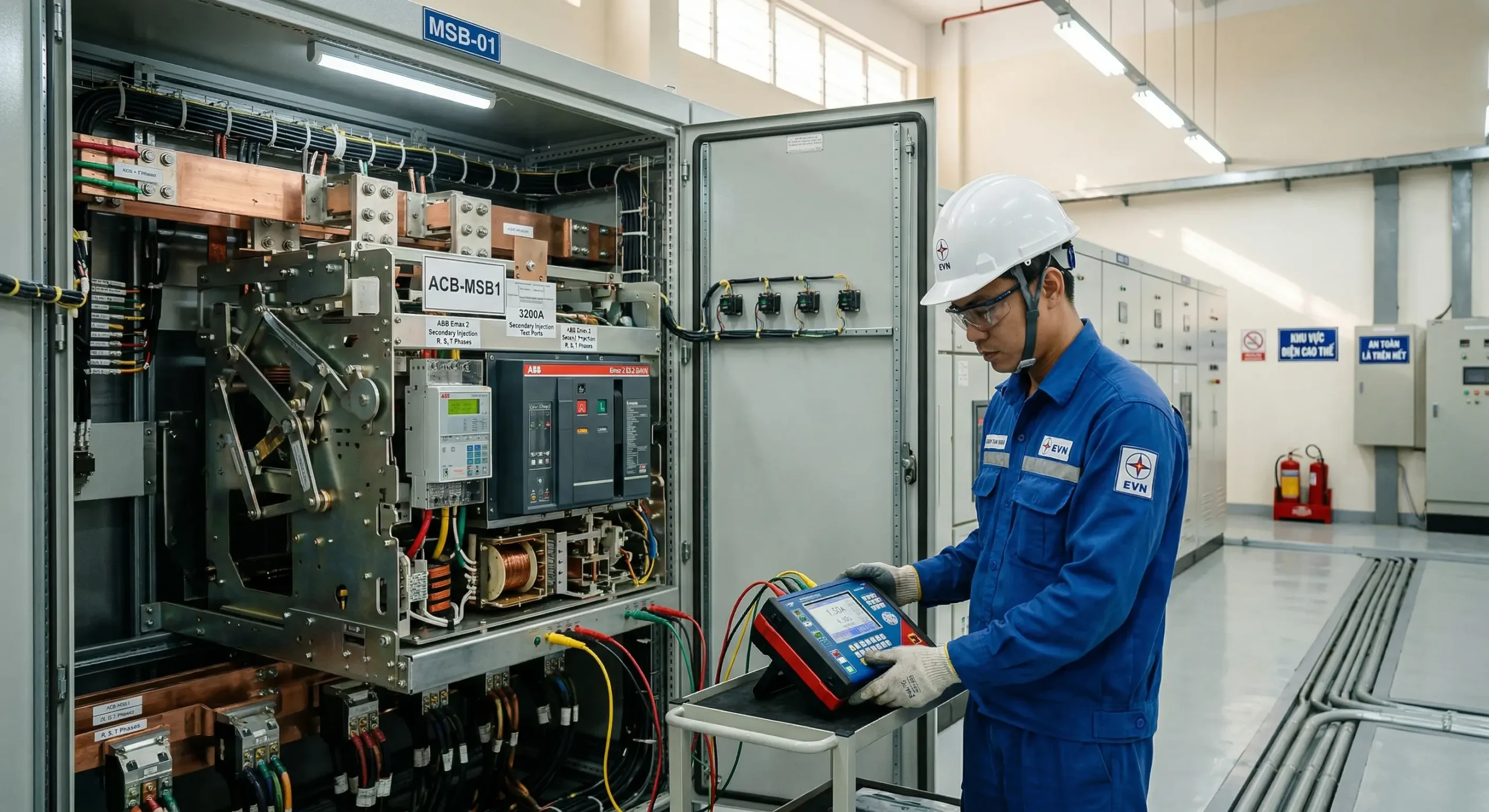 Dịch vụ bảo trì máy cắt không khí ACB và thử nghiệm rơ le bảo vệ định kỳ cho trạm biến áp hạ thế.