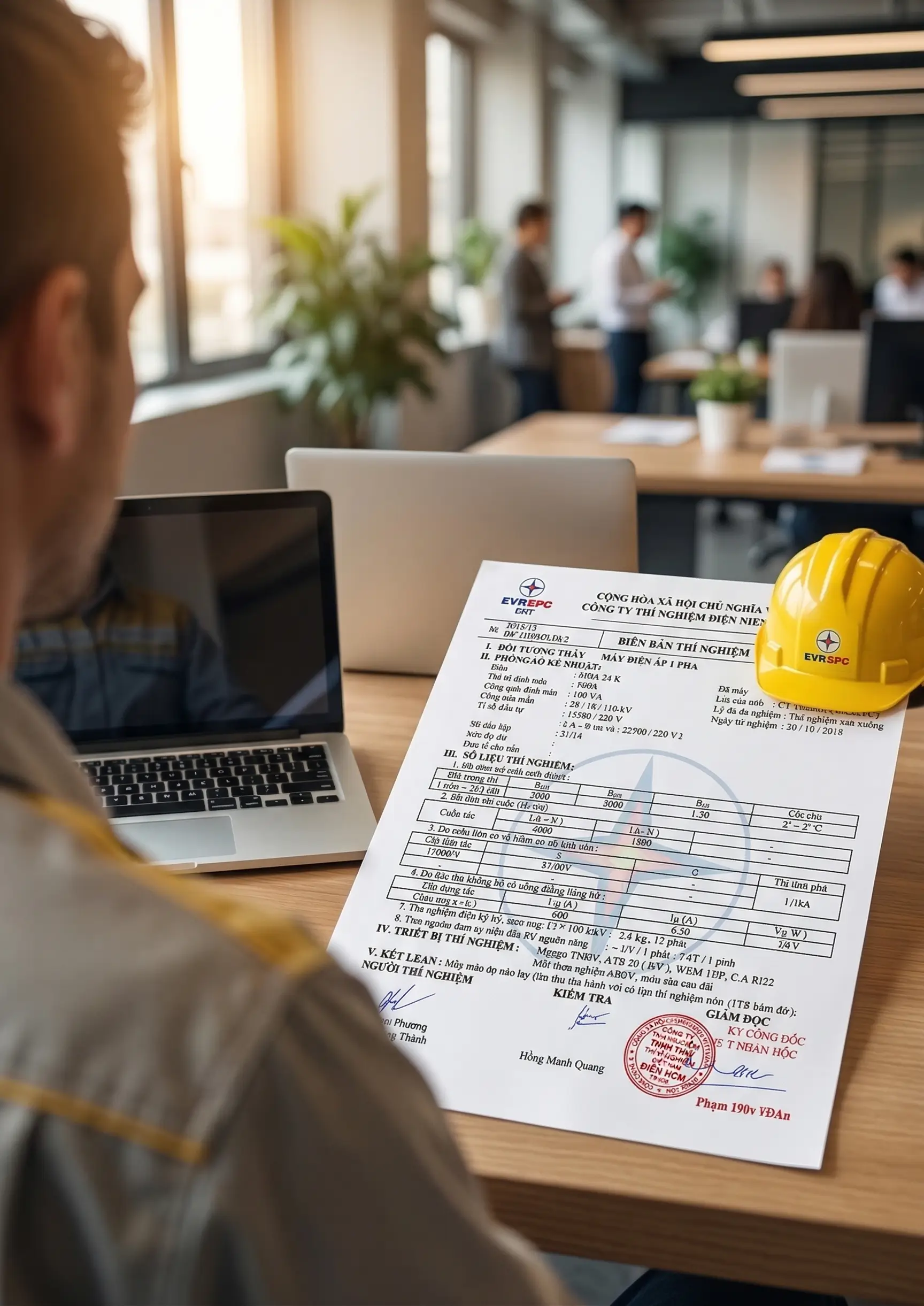 Biên bản thí nghiệm điện hợp chuẩn ISO/IEC 17025 do phòng Lab KTH Electric cấp, có mộc đỏ và chữ ký kiểm định viên.