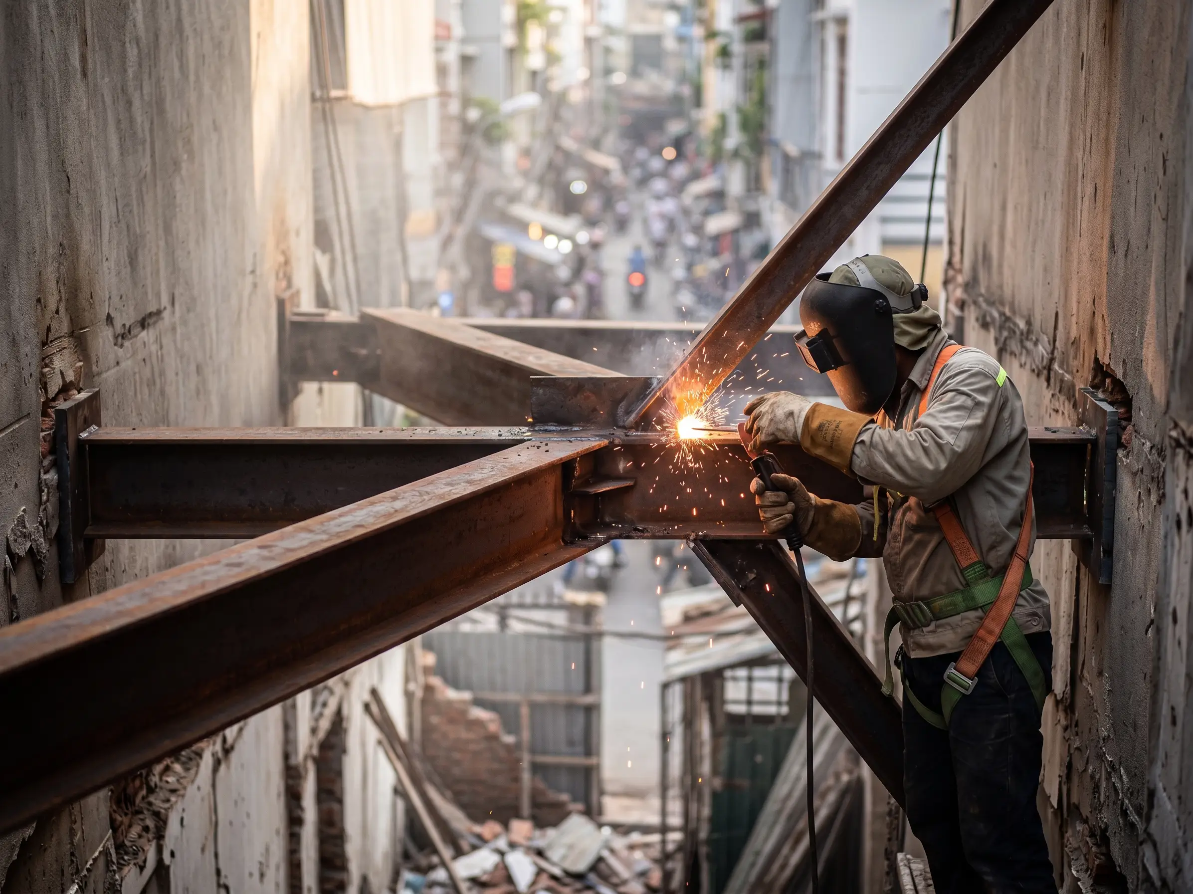 Thi công lắp đặt hệ thống thép chống nghiêng và chống văng để bảo vệ an toàn cho nhà liền kề khi đập phá nhà cũ.