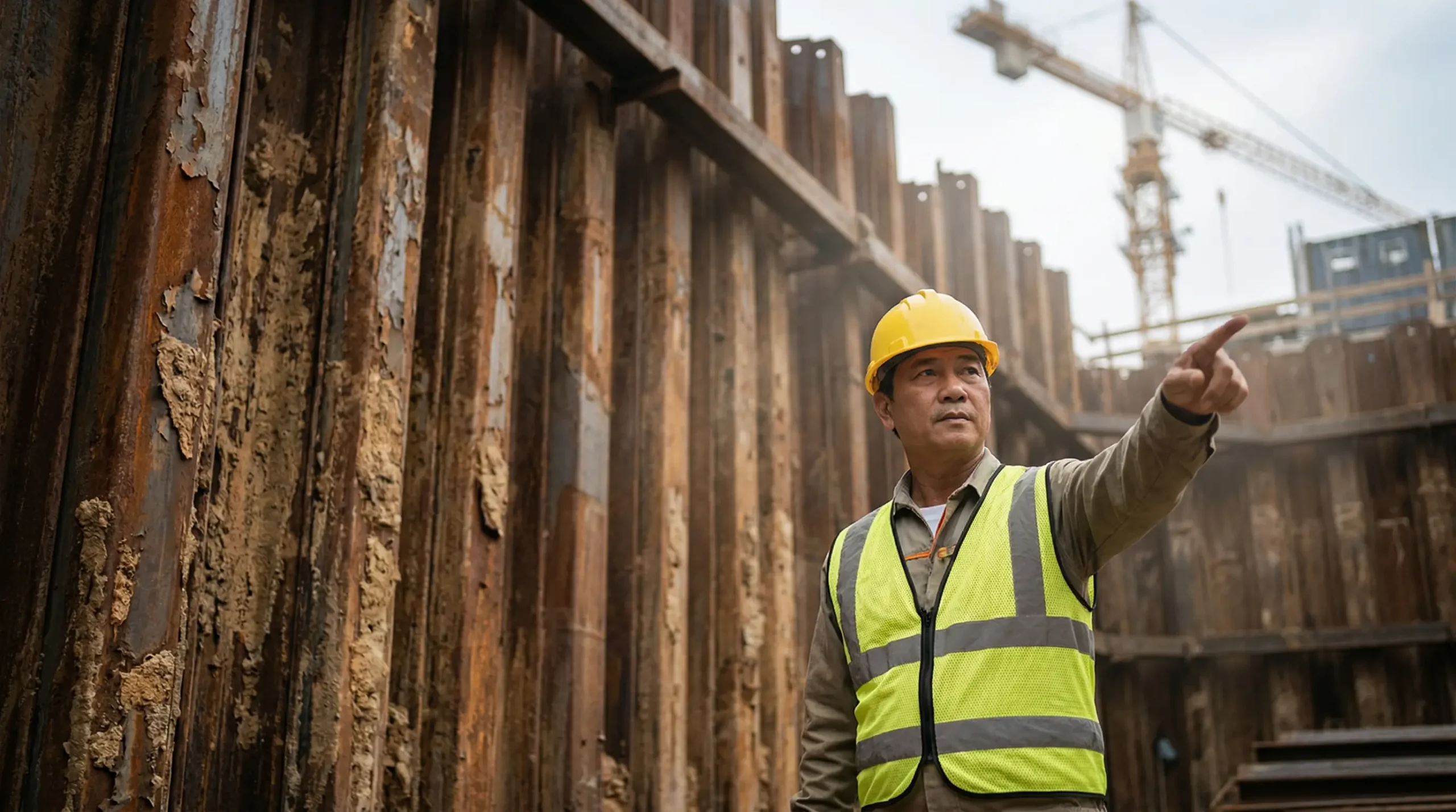 Biện pháp thi công ép cọc cừ Larsen an toàn và hệ giằng chống shoring bảo vệ nền móng tầng hầm.