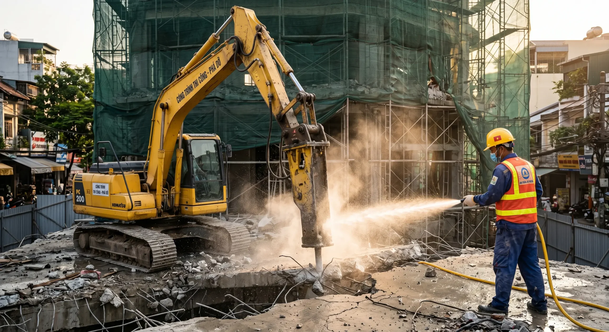 Biện pháp thi công phá dỡ nhà cao tầng an toàn bằng máy xúc gắn búa thủy lực đập phá bê tông cốt thép, kết hợp phun nước chống khói bụi.