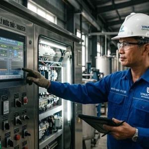 Tủ Điện Xử Lý Nước Thải: Cấu Tạo, Sơ Đồ & Báo Giá Chi Tiết 2026 5 Kỹ sư KTH Electric kiểm tra cấu tạo chi tiết tủ điện điều khiển hệ thống xử lý nước thải tại trạm bơm.