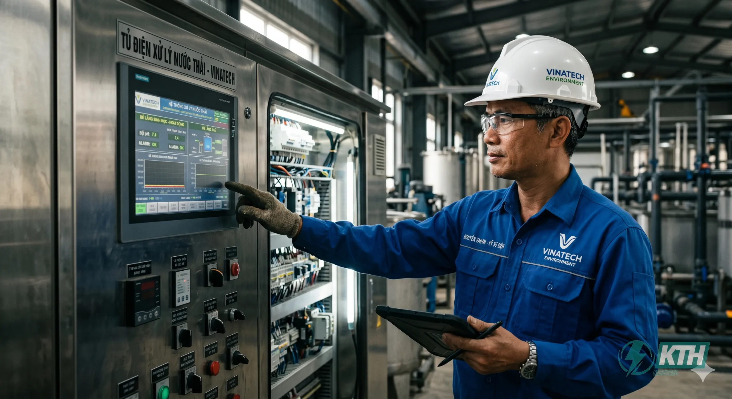 Tủ Điện Xử Lý Nước Thải: Cấu Tạo, Sơ Đồ & Báo Giá Chi Tiết 2026 6 Kỹ sư KTH Electric kiểm tra cấu tạo chi tiết tủ điện điều khiển hệ thống xử lý nước thải tại trạm bơm.