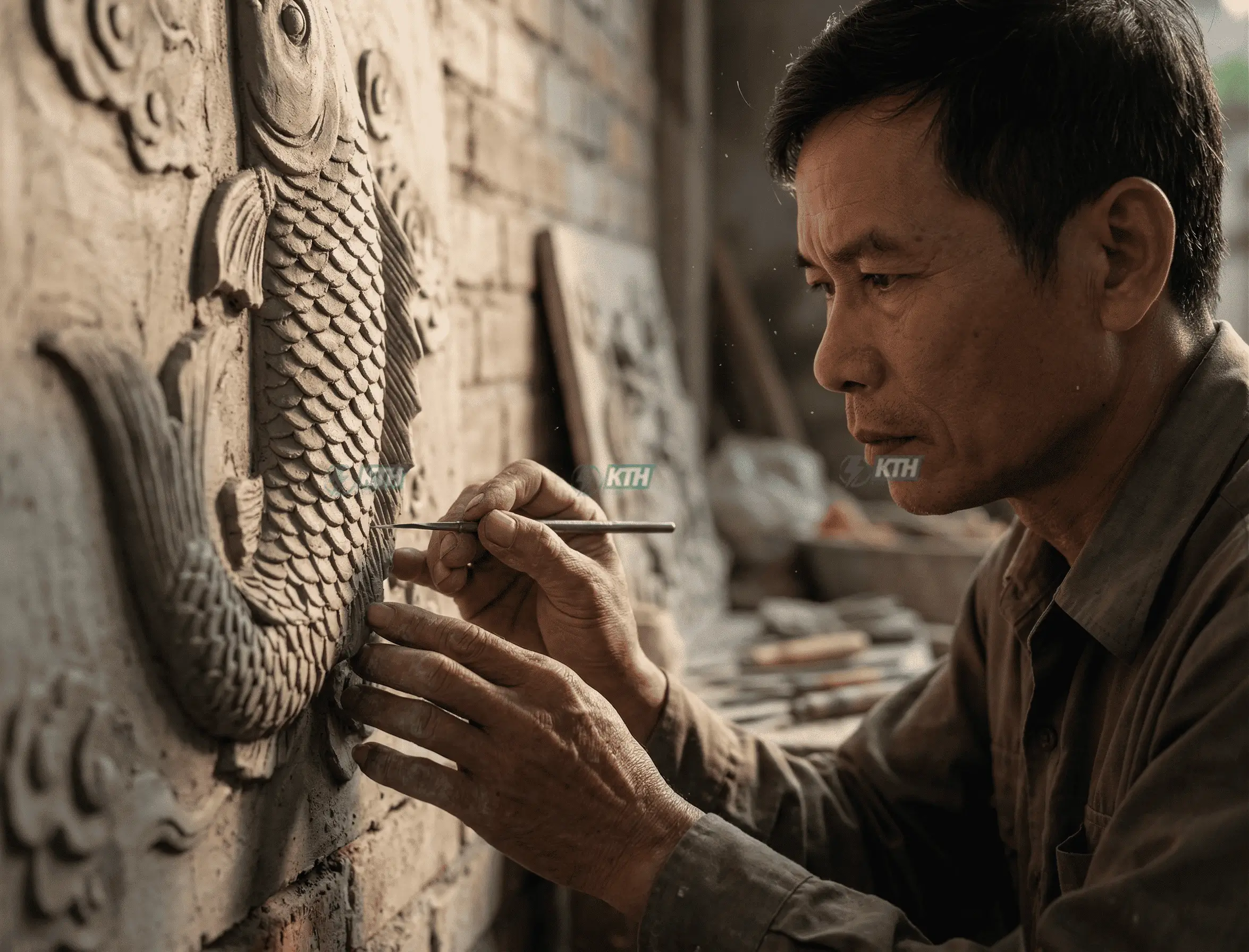 Nghệ nhân sử dụng bay nhỏ chạm trổ chi tiết bức tranh phù điêu cá chép hóa rồng đắp nổi.