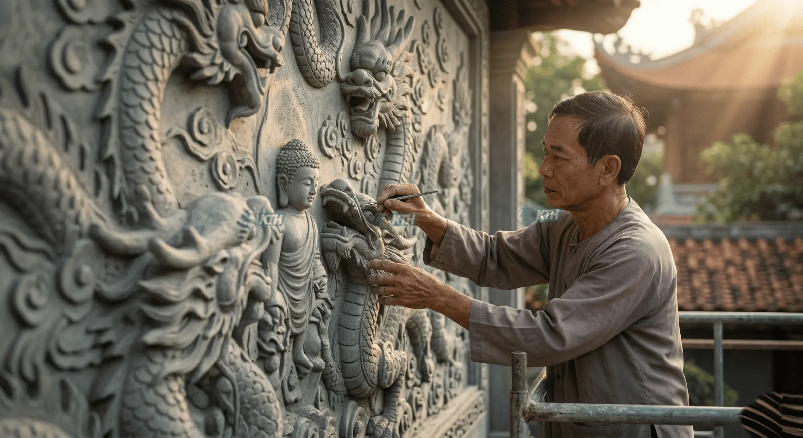 Dịch vụ chế tác tôn tượng Phật Quan Âm bằng đá tự nhiên nguyên khối an vị tại khuôn viên thiền viện.