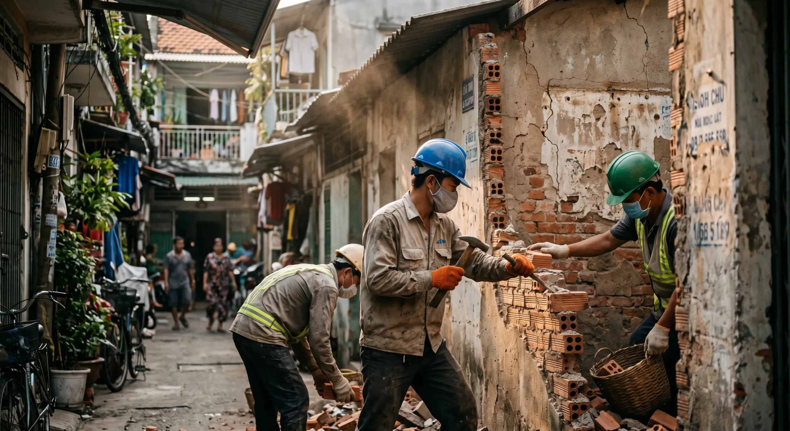 Công ty chuyên đập phá công trình tại TPHCM thi công tháo dỡ nhà cấp 4 trong hẻm nhỏ bằng thủ công, có bạt che chắn bảo vệ nhà liền kề.