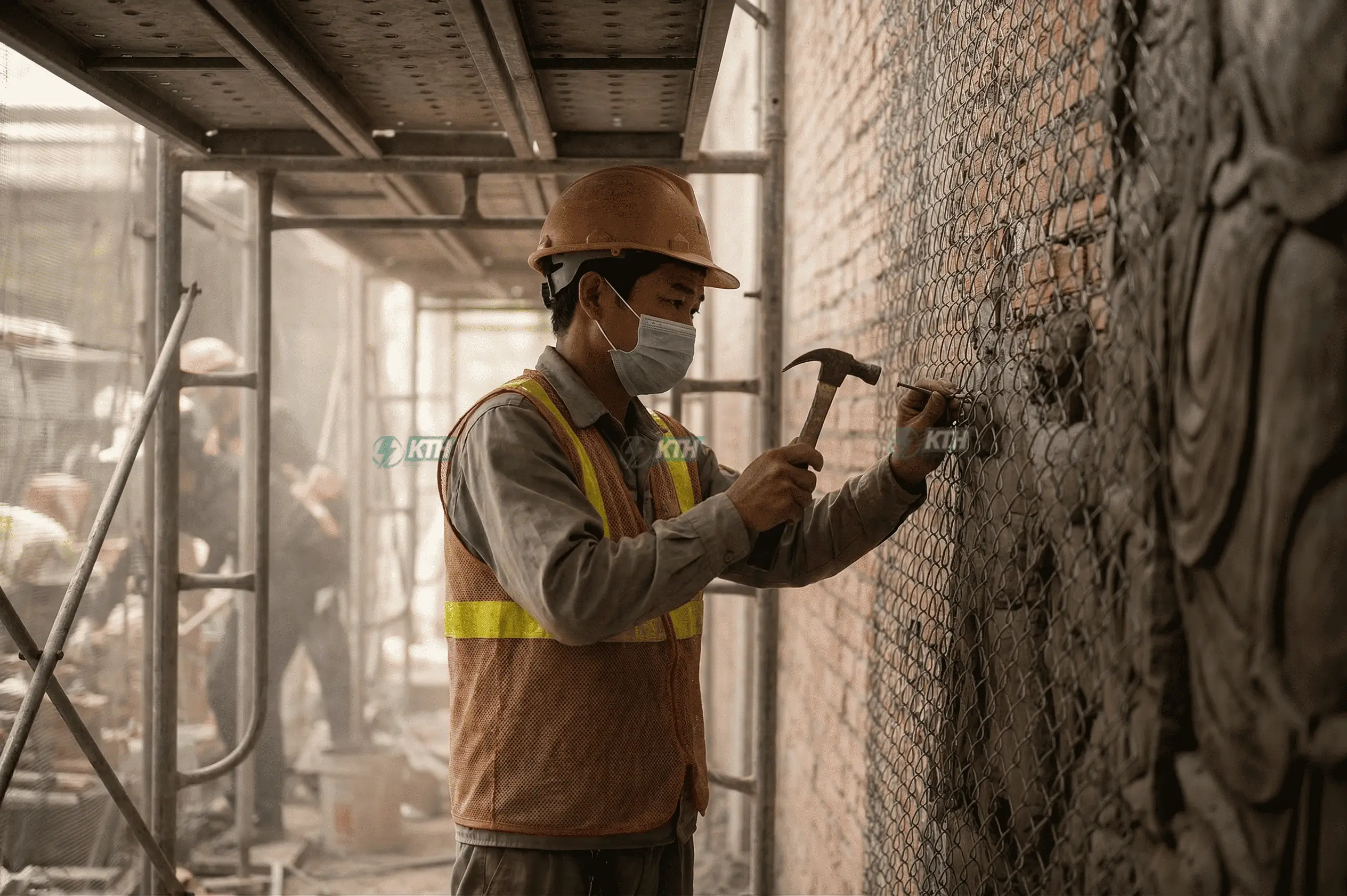 Thợ thi công đan lưới B40 làm cốt thép bên trong để neo giữ khối vữa đắp phù điêu xi măng khổng lồ.