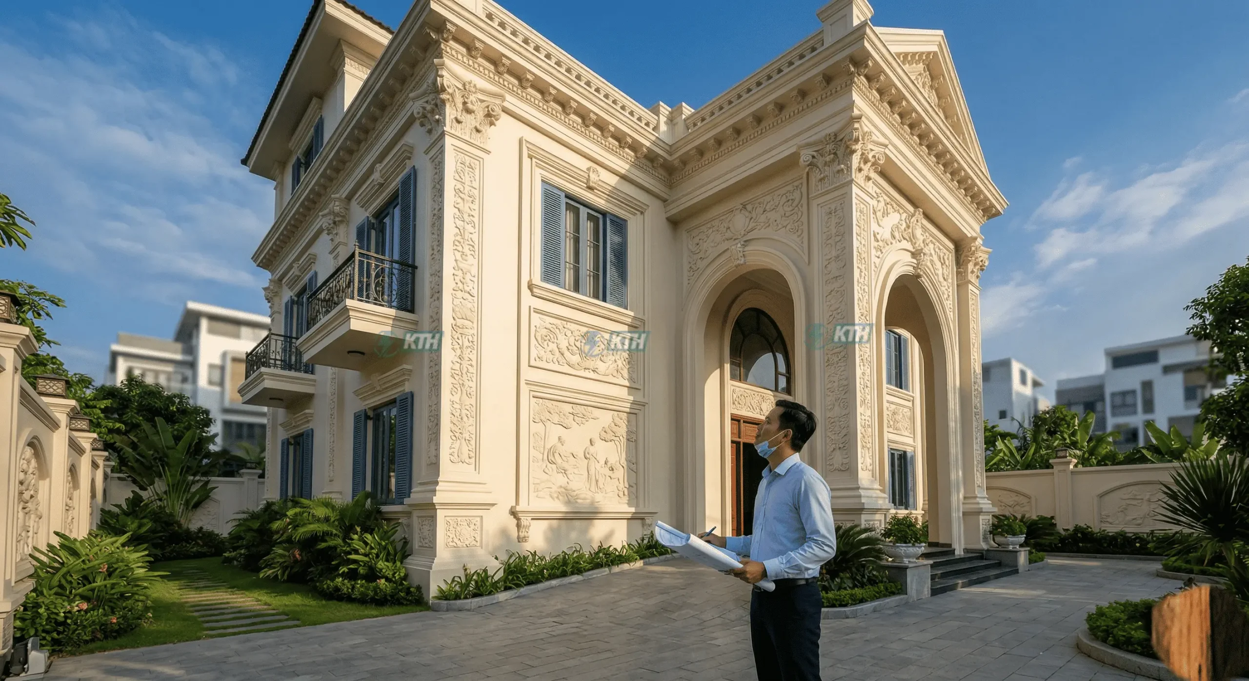 Bản thiết kế biệt thự tân cổ điển ứng dụng đắp hoa văn mặt tiền nhà phố với tỷ lệ chuẩn xác.