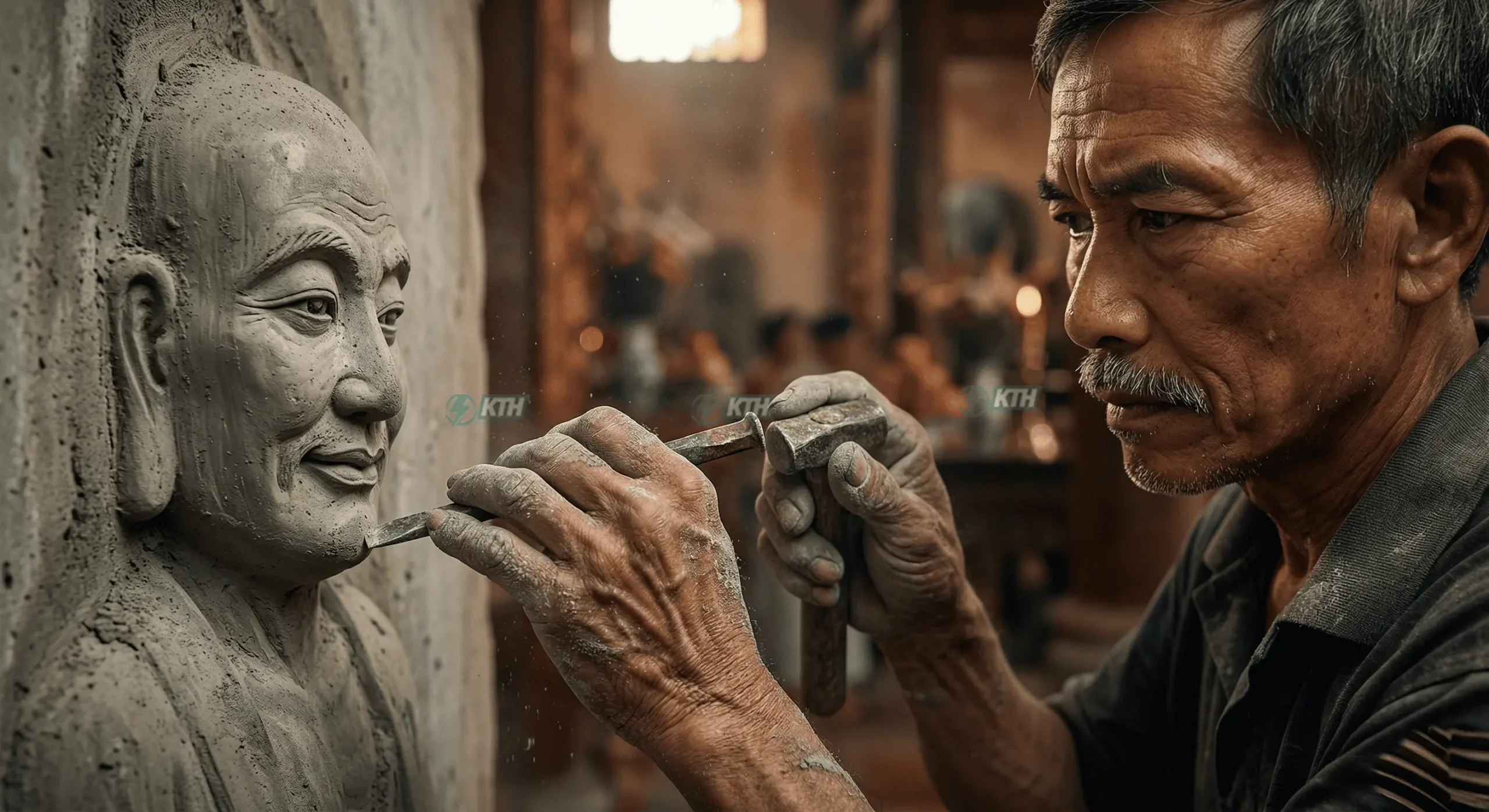 Nghệ nhân nhận đắp phù điêu Thập Bát La Hán bằng xi măng trang trí dọc hai bên vách chánh điện.