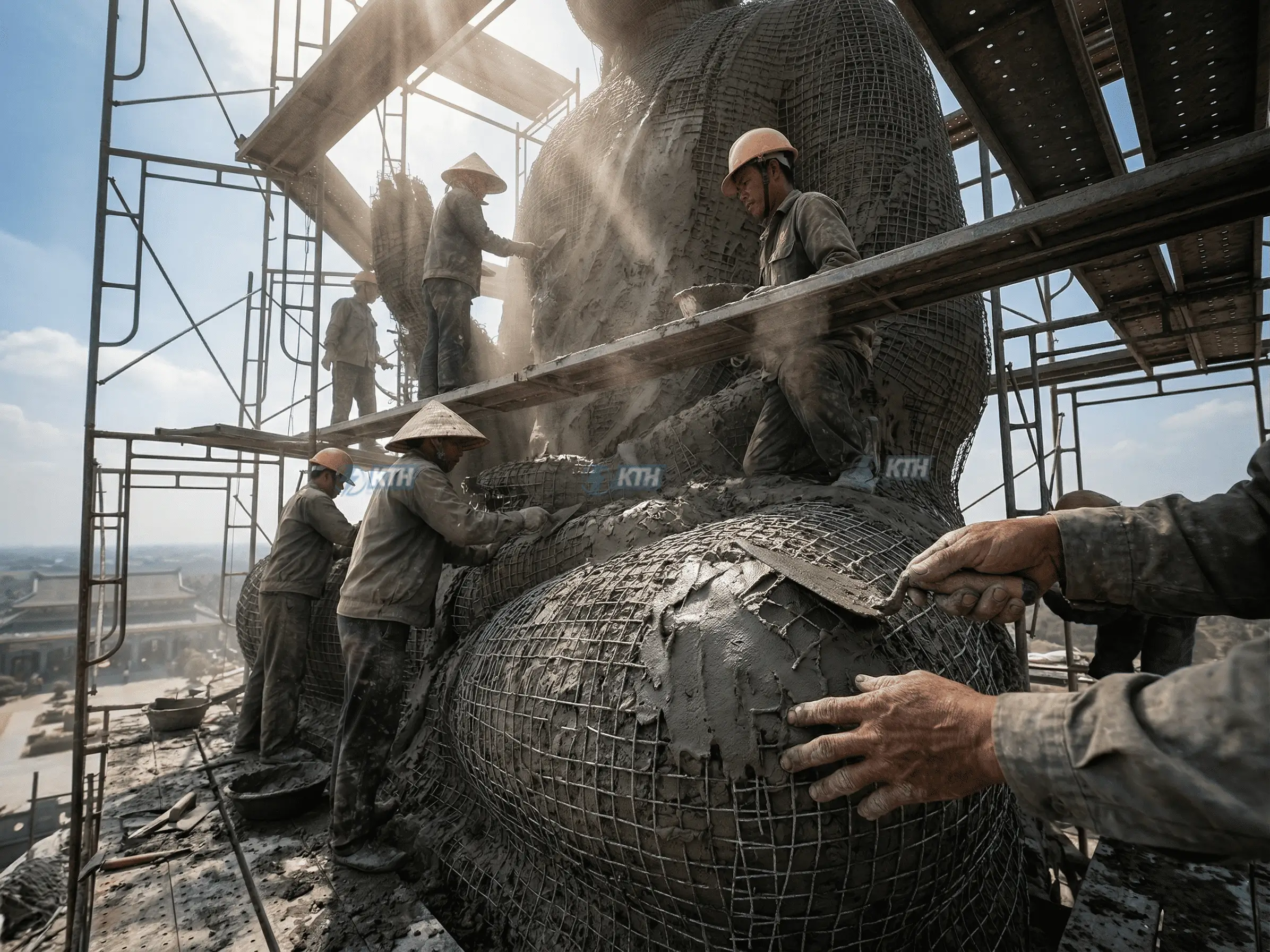 Đội thợ thi công đắp tượng Phật bằng xi măng cốt thép khổng lồ ngoài trời tại công trình.