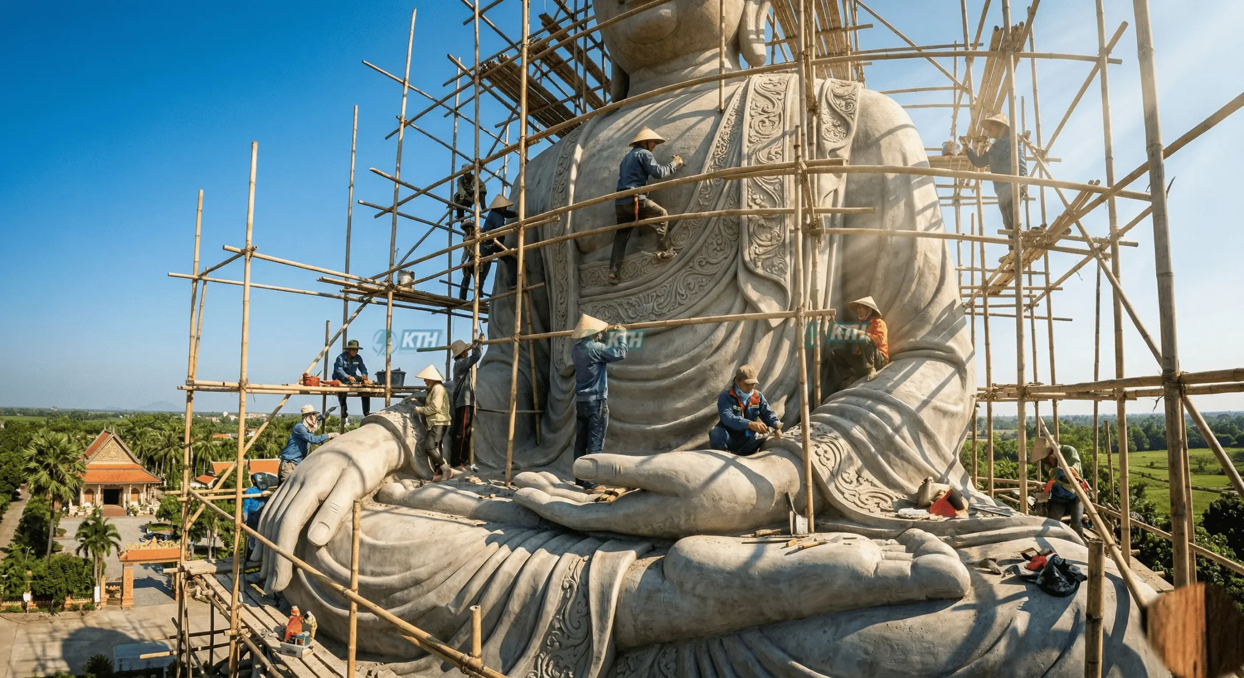 Tượng Phật Theo Yêu Cầu: Tôn Tượng Độc Bản, Chuẩn Thần Thái 3 Đội ngũ thợ thi công đắp tượng Phật khổng lồ bằng xi măng trực tiếp tại chùa chiền.