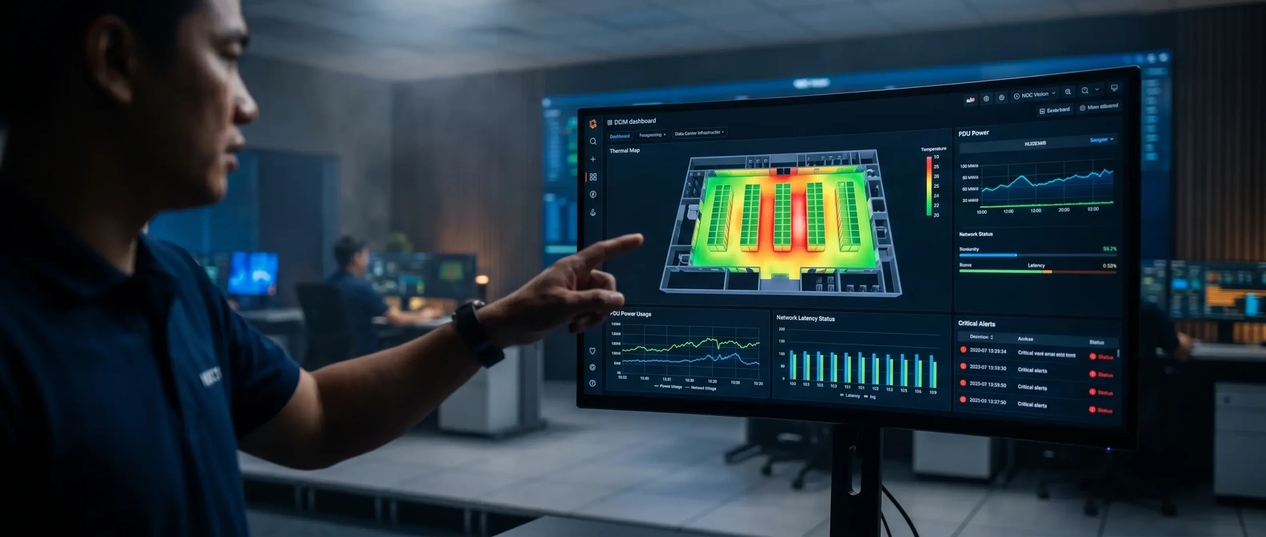 Giao diện dashboard phần mềm DCIM hiển thị dữ liệu môi trường thời gian thực và cảnh báo SMS Email sự cố quá nhiệt.