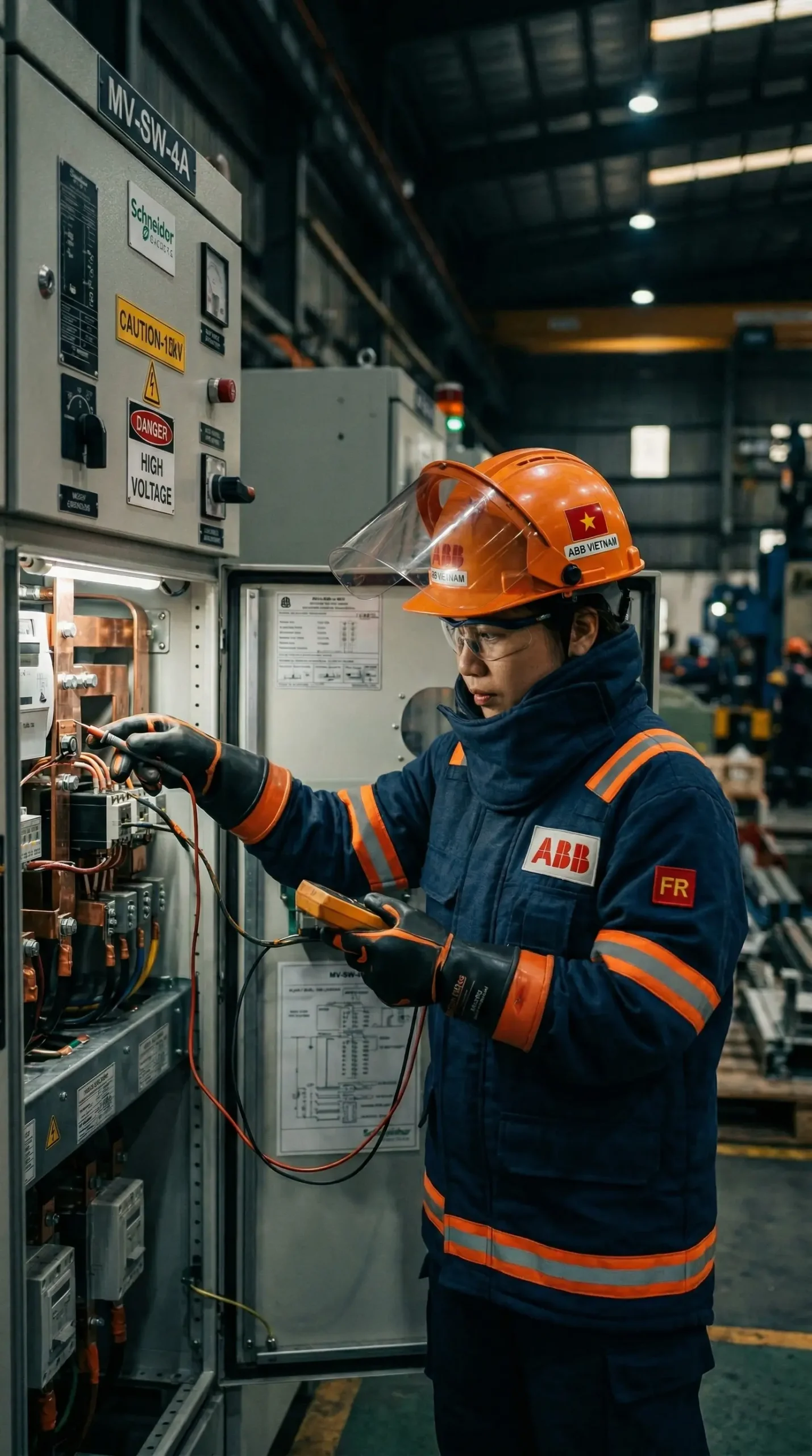 Dịch vụ sửa chữa tủ điện trung thế 24kV: Kỹ sư chuyên gia KTH Electric đang khắc phục sự cố rò rỉ khí SF6 trên tủ RMU tại trạm biến áp nhà máy công nghiệp.