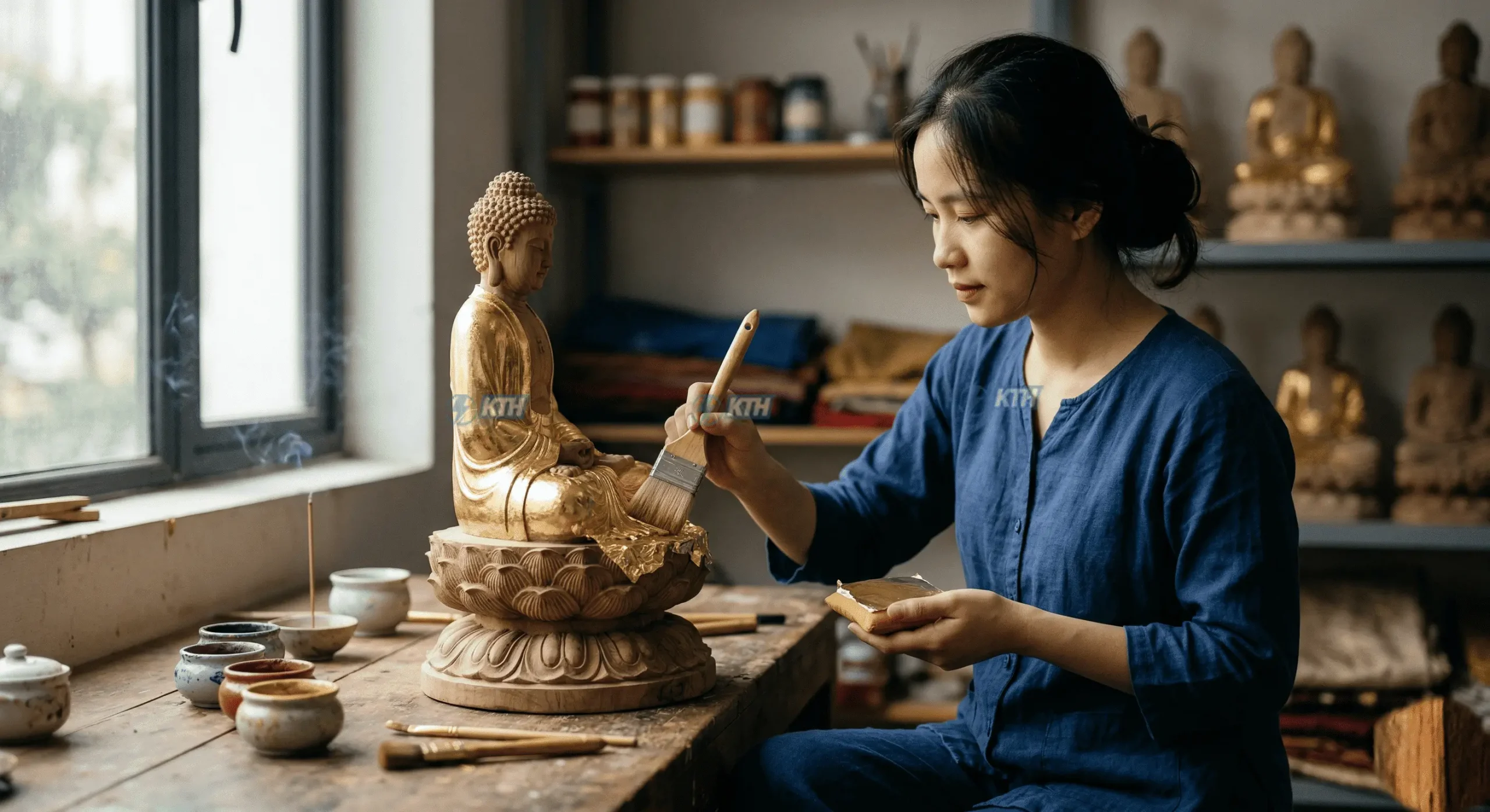 Tượng Phật Theo Yêu Cầu: Tôn Tượng Độc Bản, Chuẩn Thần Thái 5 Dịch vụ phục chế và thếp vàng 24k thủ công tỉ mỉ lên đài sen tượng Phật Thích Ca.