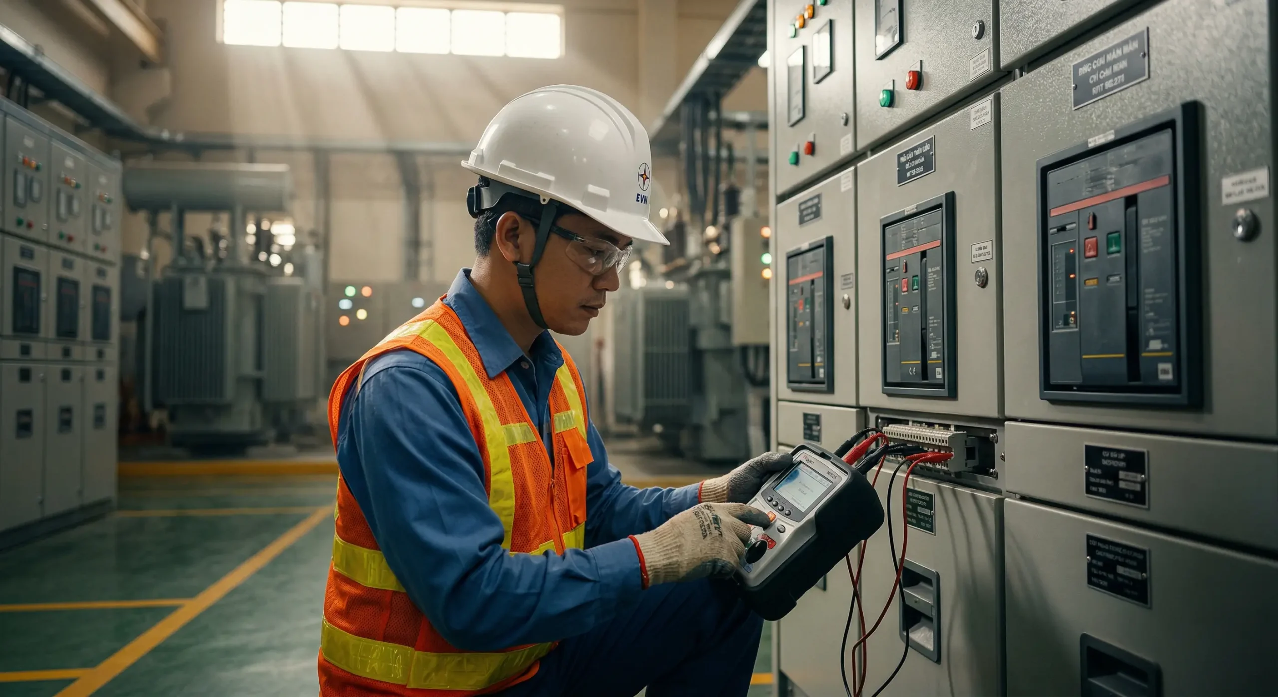 Kỹ sư KTH Electric đang thực hiện dịch vụ thí nghiệm điện tủ RMU trung thế bằng máy đo Megger chuyên dụng.