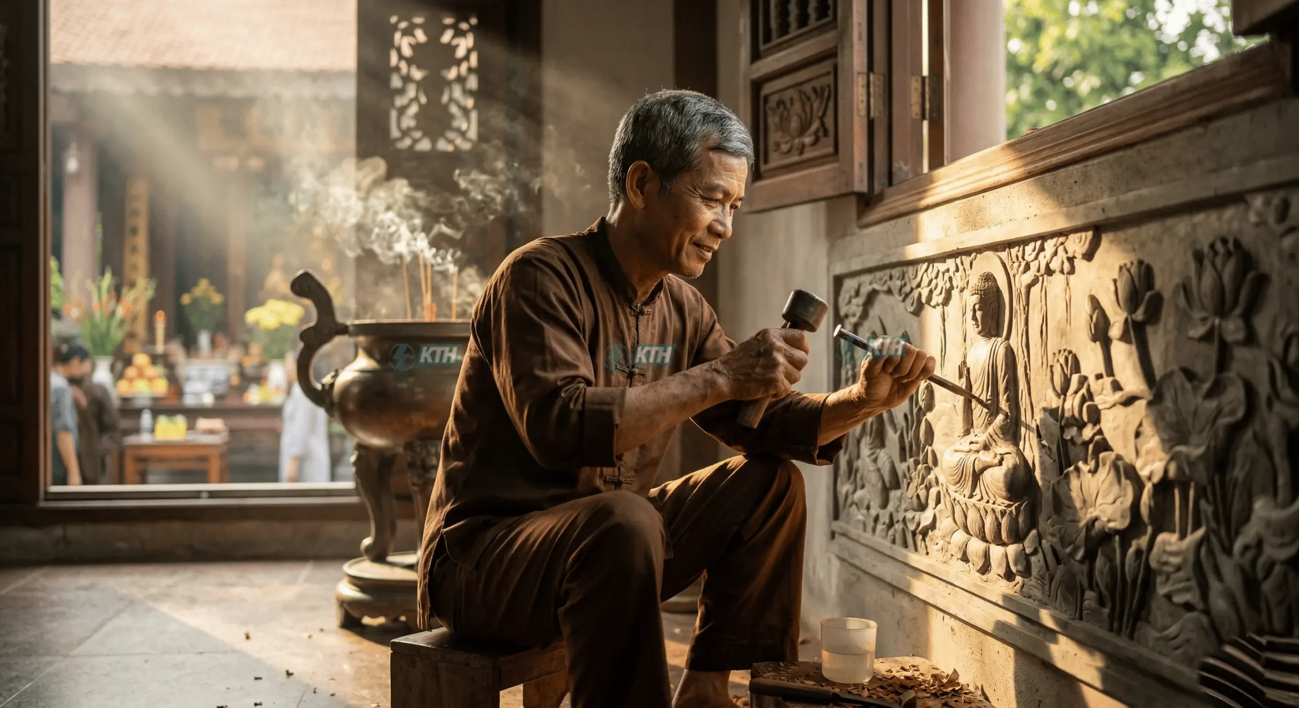 Điêu khắc tranh tường chùa chiền - nghệ nhân đang thi công đắp tranh Phật giáo chánh điện uy nghi.