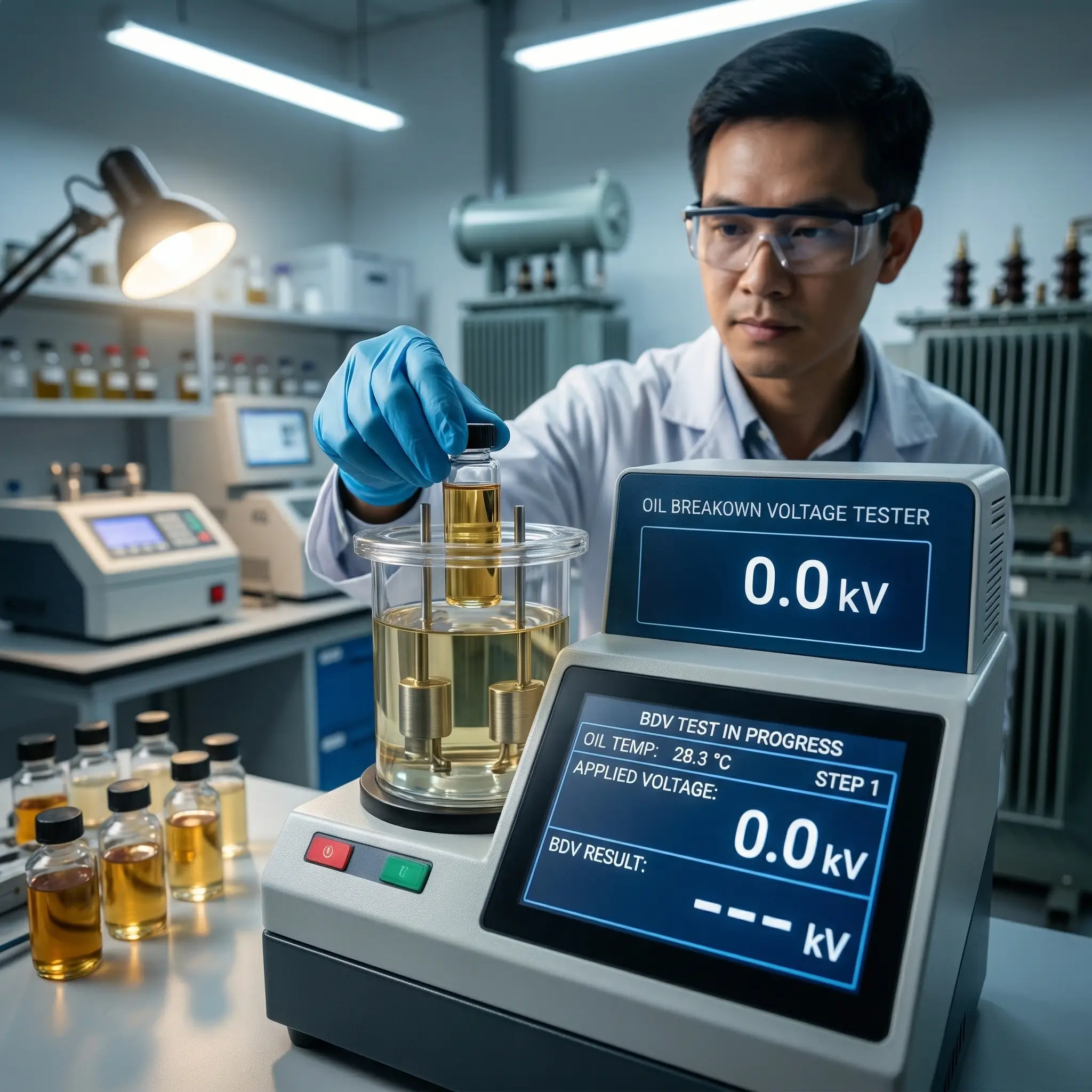 Thiết bị đo điện áp đánh thủng dầu máy biến áp (BDV) đang được kỹ sư KTH Electric vận hành.