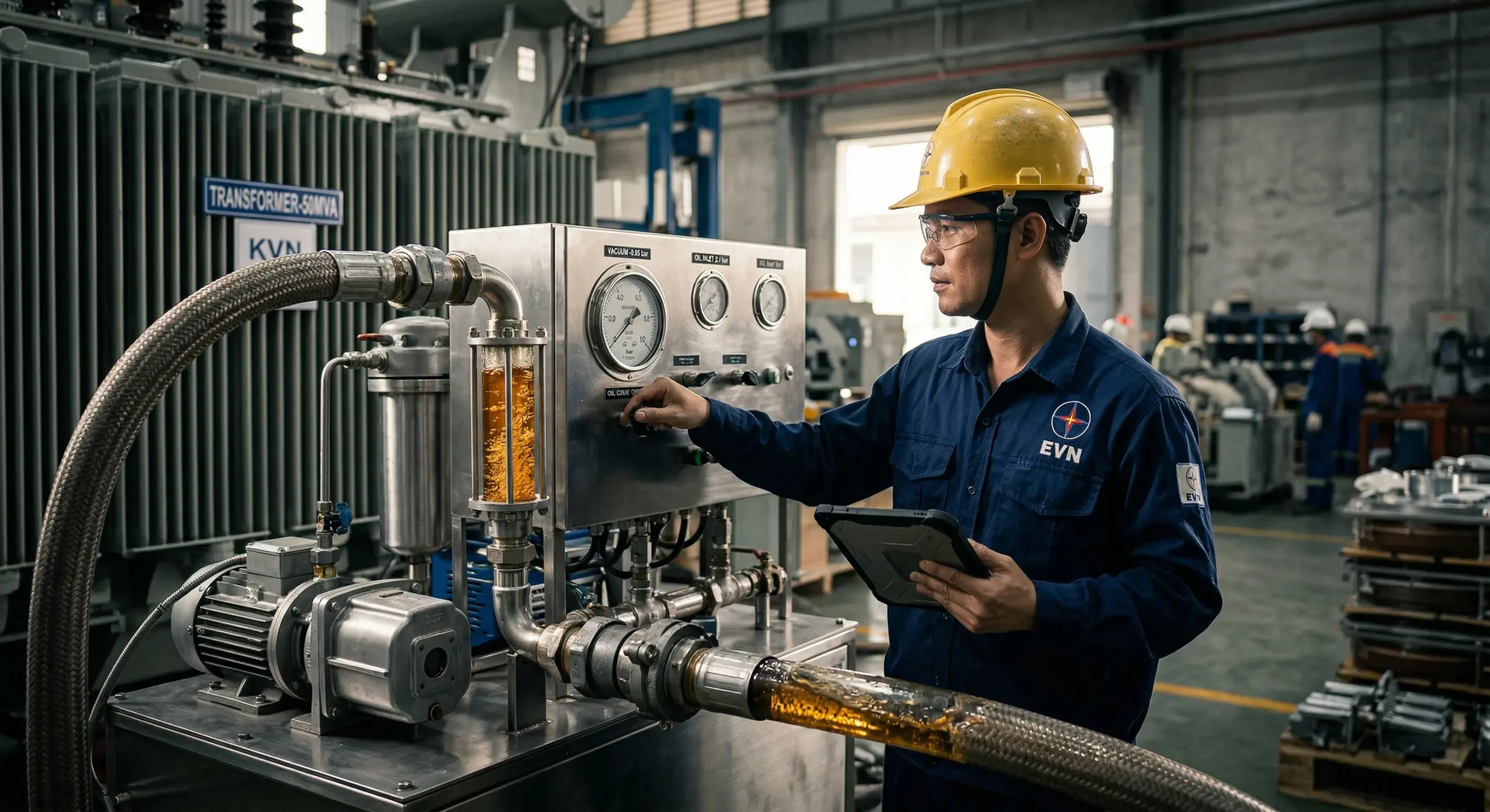 Báo giá sửa chữa máy biến áp: Kỹ thuật viên đang sử dụng thiết bị chuyên dụng để đo điện trở cách điện, kiểm định lõi từ và thử nghiệm rơ le Buchholz.