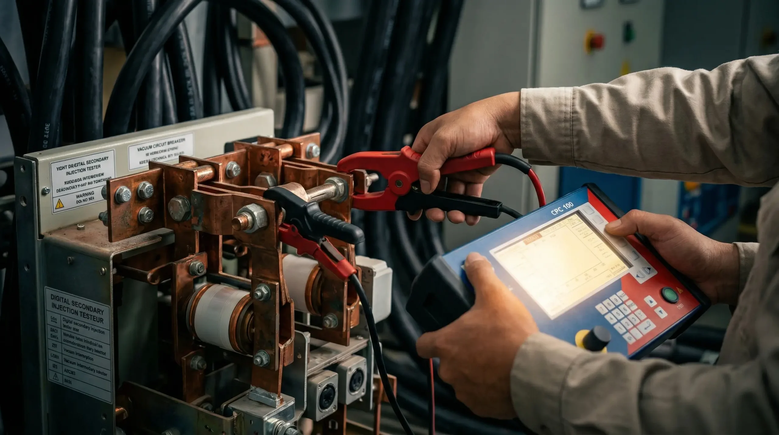 Đo điện trở tiếp xúc máy cắt chân không VCB: Thợ điện bậc 5 đang bơm dòng thí nghiệm rơ le bảo vệ quá dòng bằng thiết bị chuyên dụng bên trong khoang cáp 35kV.