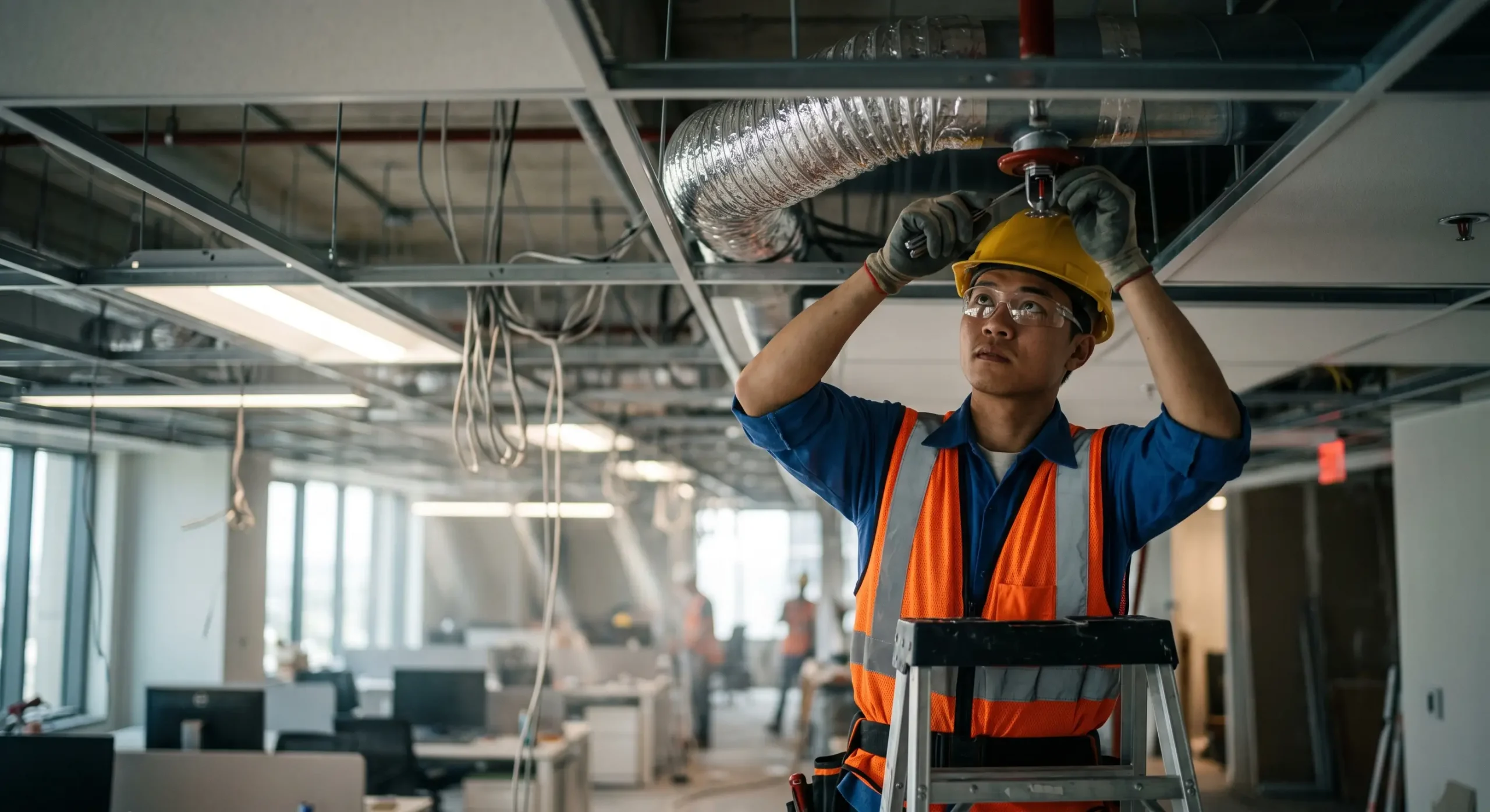 Đơn vị khôi phục hiện trạng hệ thống MEP PCCC văn phòng uy tín, thợ kỹ thuật thao tác tháo dỡ đầu phun Sprinkler và miệng gió điều hòa.