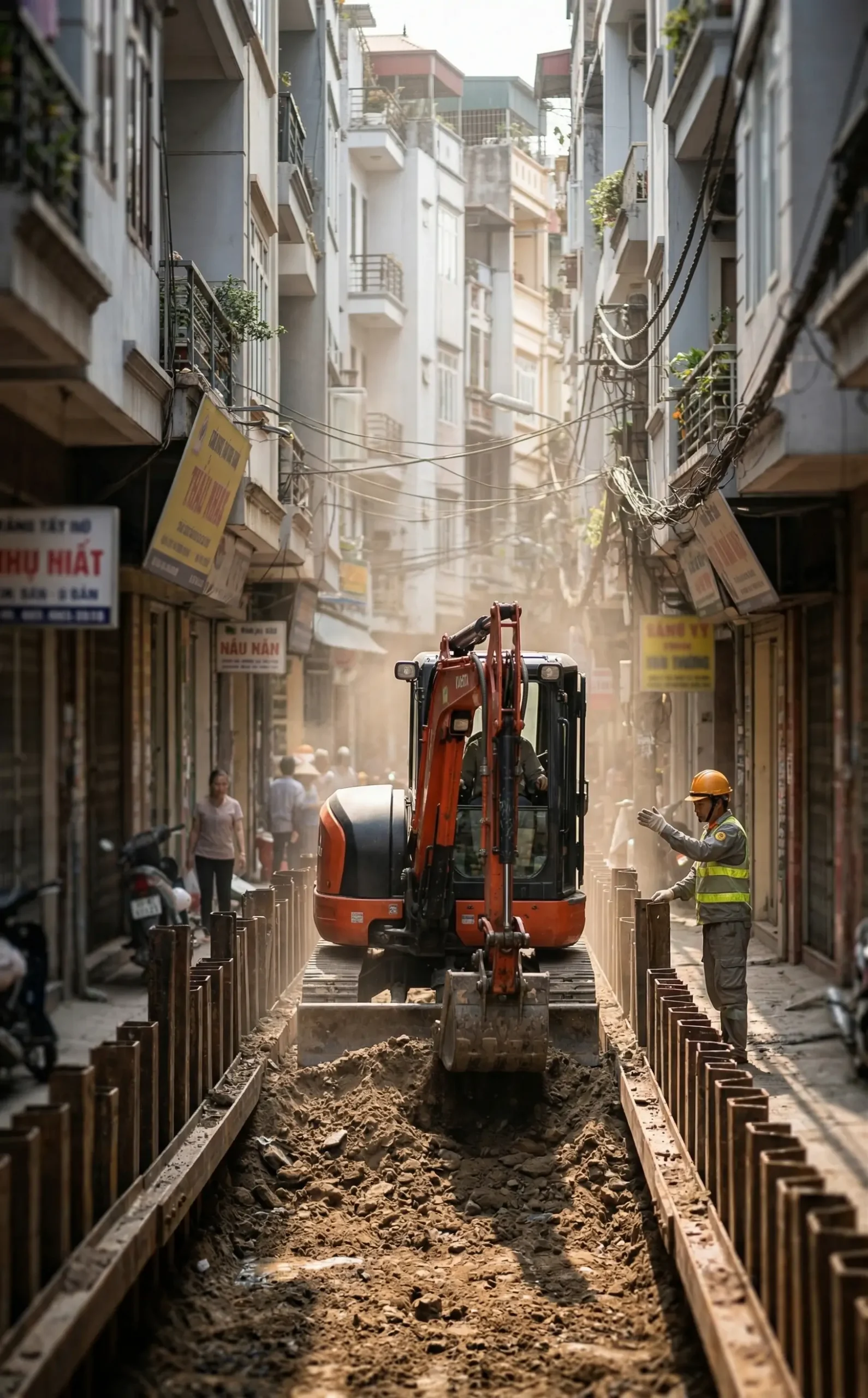 Quy trình đào đất hố móng và ép cừ Larsen chống sạt lở sụt lún công trình lân cận.