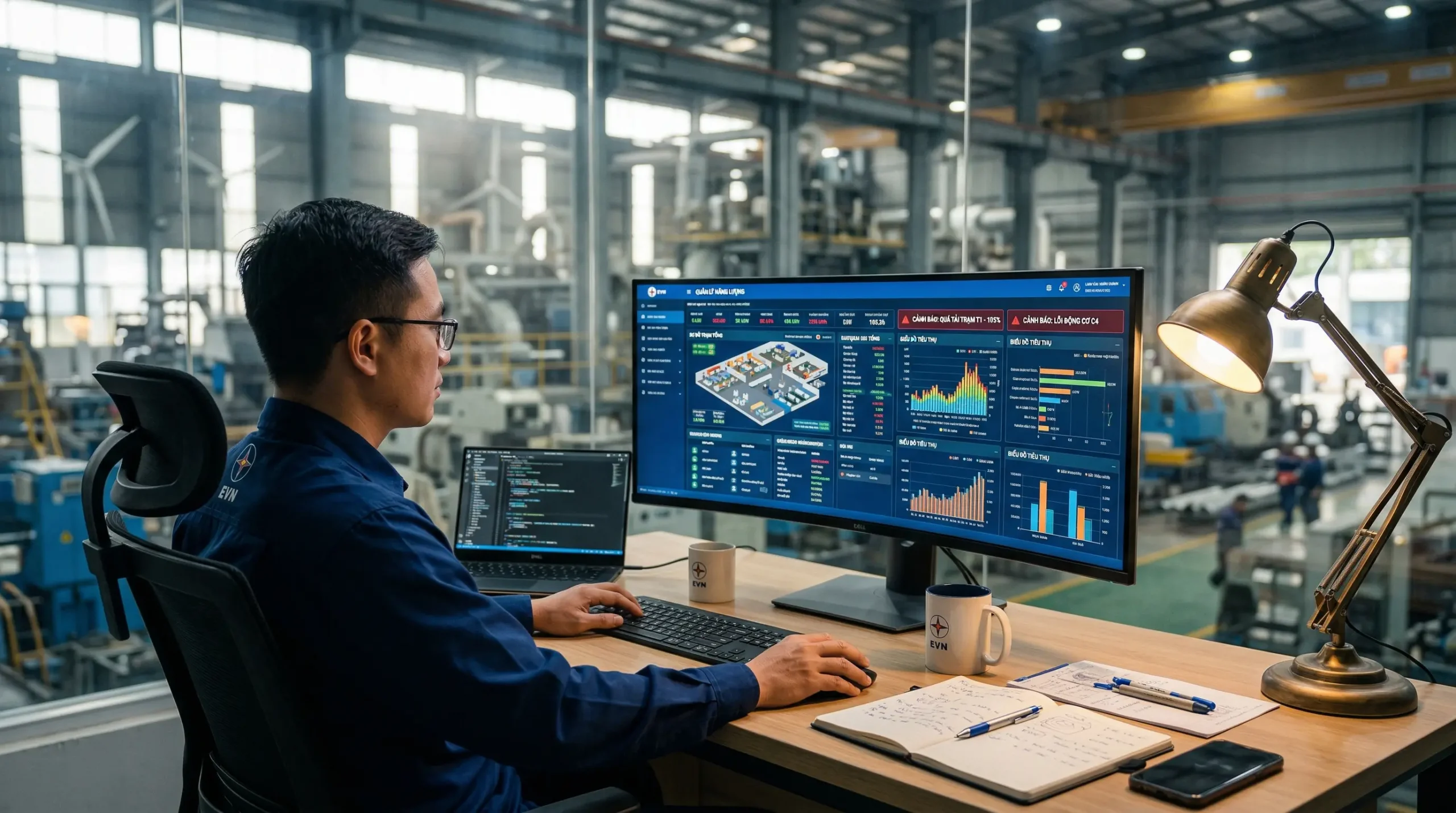 Lắp Đặt Hệ Thống PMS: Giải Pháp Giảm 15% Chi Phí Điện Năng 3 Giao diện phần mềm SCADA giám sát năng lượng tòa nhà hiển thị biểu đồ phân tích tiêu thụ điện EMS.