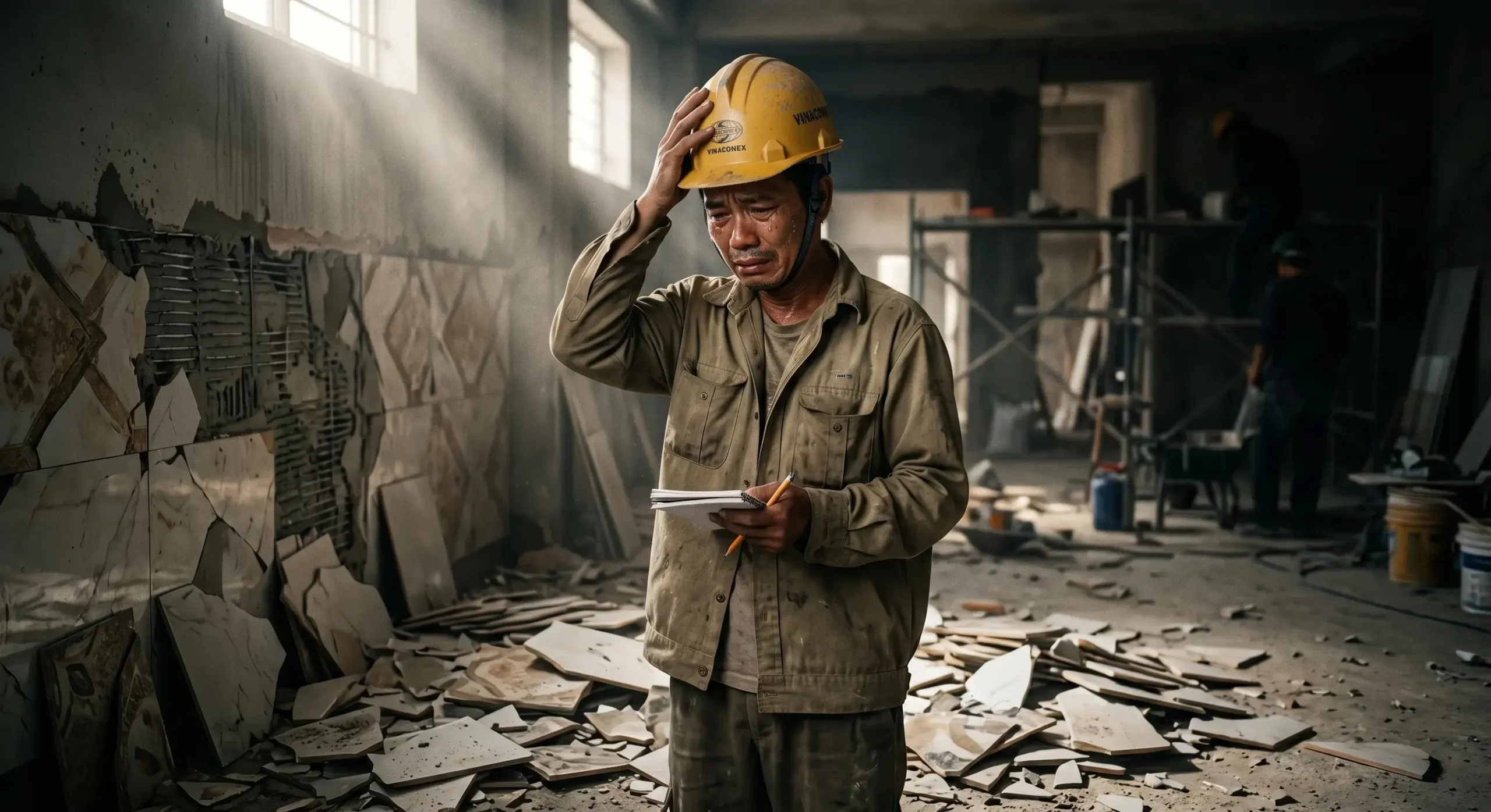 Hậu quả bong tróc gạch do không thực hiện quy trình thử nghiệm keo dán gạch TCVN 7899 trước khi thi công mặt đứng.