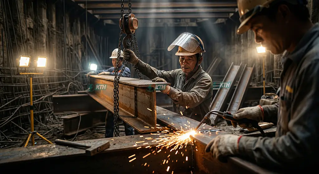 Lắp đặt hệ giằng chống Shoring và cột Kingpost trong phương pháp thi công top-down.