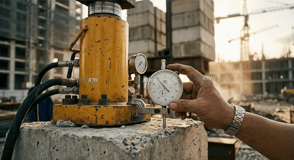 Dịch Vụ Thử Tải Cọc (Nén Tĩnh & PDA) Chuẩn TCVN 9393:2012 2 Hệ thống kích thủy lực và đồng hồ so đo lún 0.01mm trong thí nghiệm kiểm tra sức chịu tải cọc tĩnh.