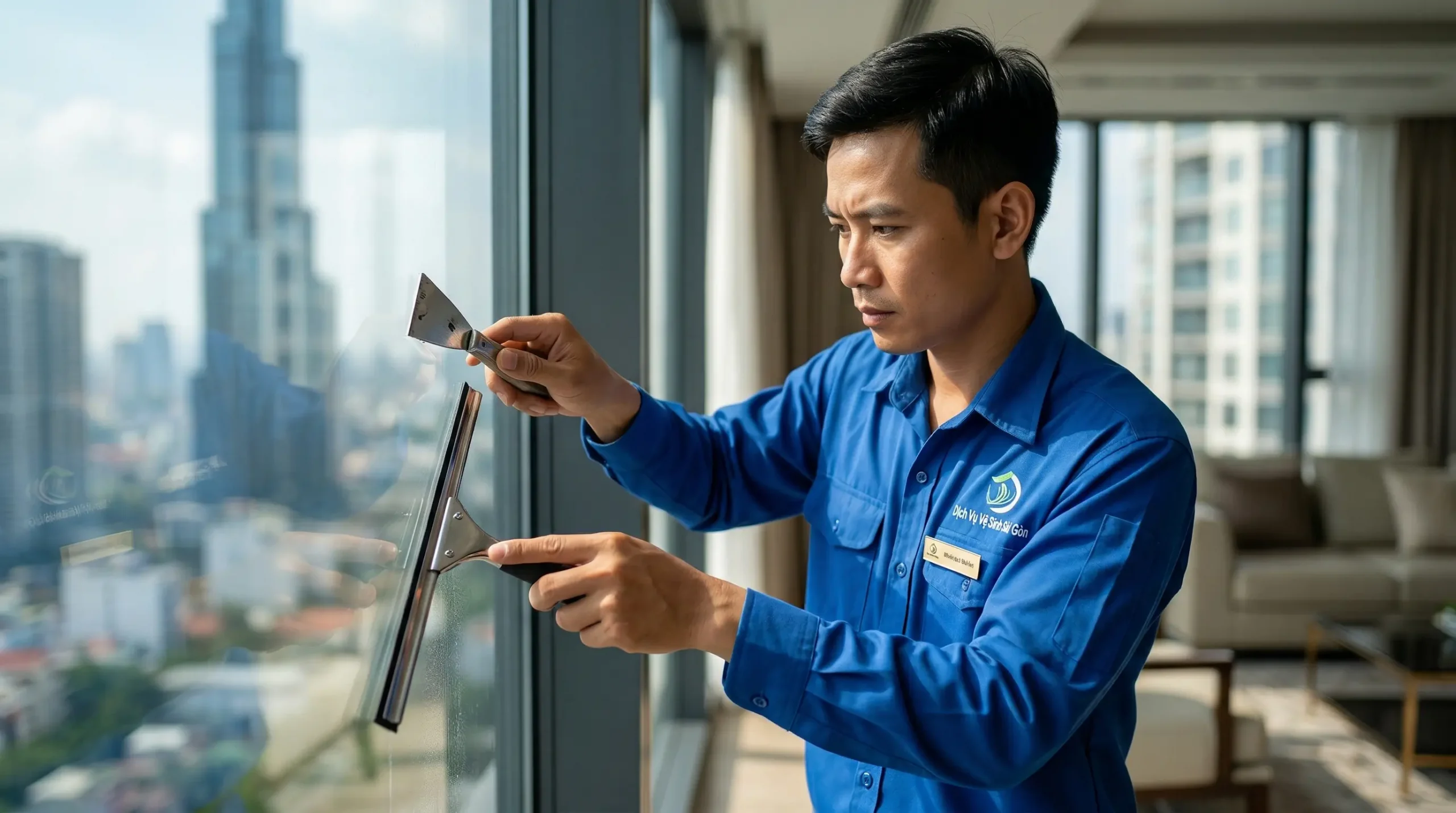 Hướng dẫn cạo tẩy keo dính silicon trên khung cửa kính cường lực bằng dung dịch tẩy rửa an toàn.