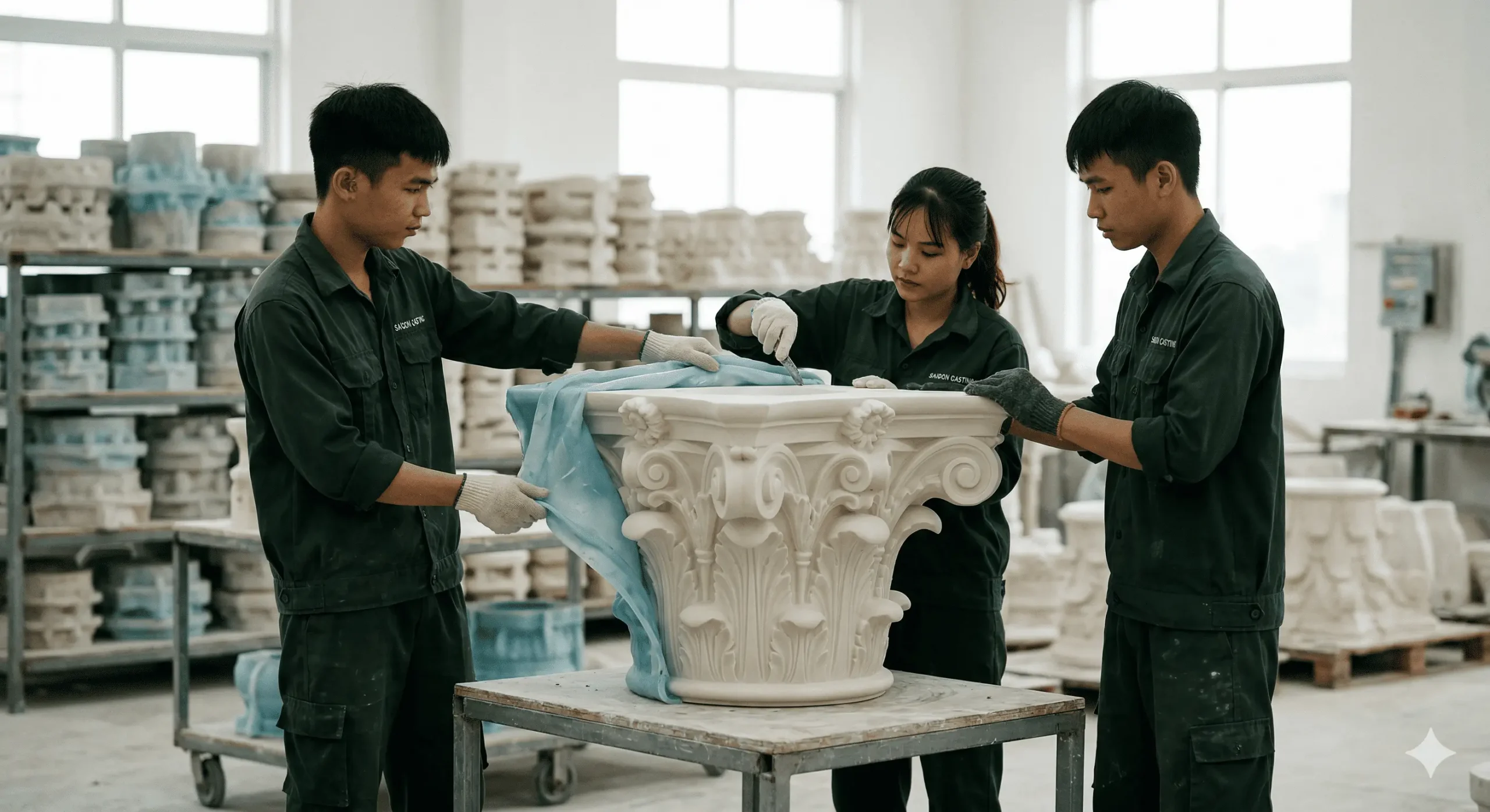 Thợ thi công đang lấy hoa văn đúc sẵn từ khuôn đúc composite để trang trí đầu cột Corinth.
