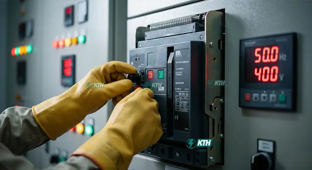 Quy trình kiểm tra công suất máy phát điện: giám sát điện áp đầu ra, tần số dòng điện và đóng cắt MCB tải trở an toàn.