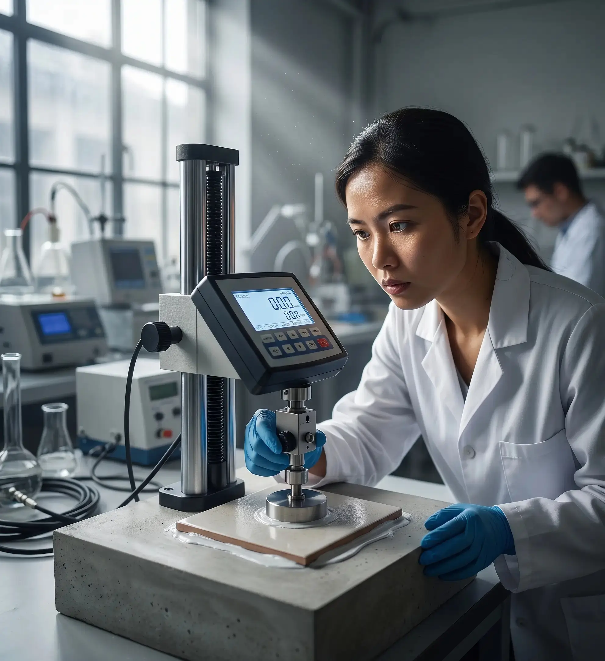 Chuyên gia đang kiểm tra cường độ bám dính khi kéo bằng máy kéo bám dính chuyên dụng để đánh giá chất lượng keo dán gạch gốc xi măng.