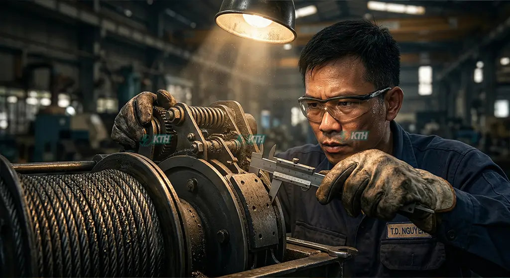 Kỹ sư đánh giá hệ thống phanh hãm pa lăng và cáp thép tải trong quá trình thử tải động ở mức 110% tải định mức.