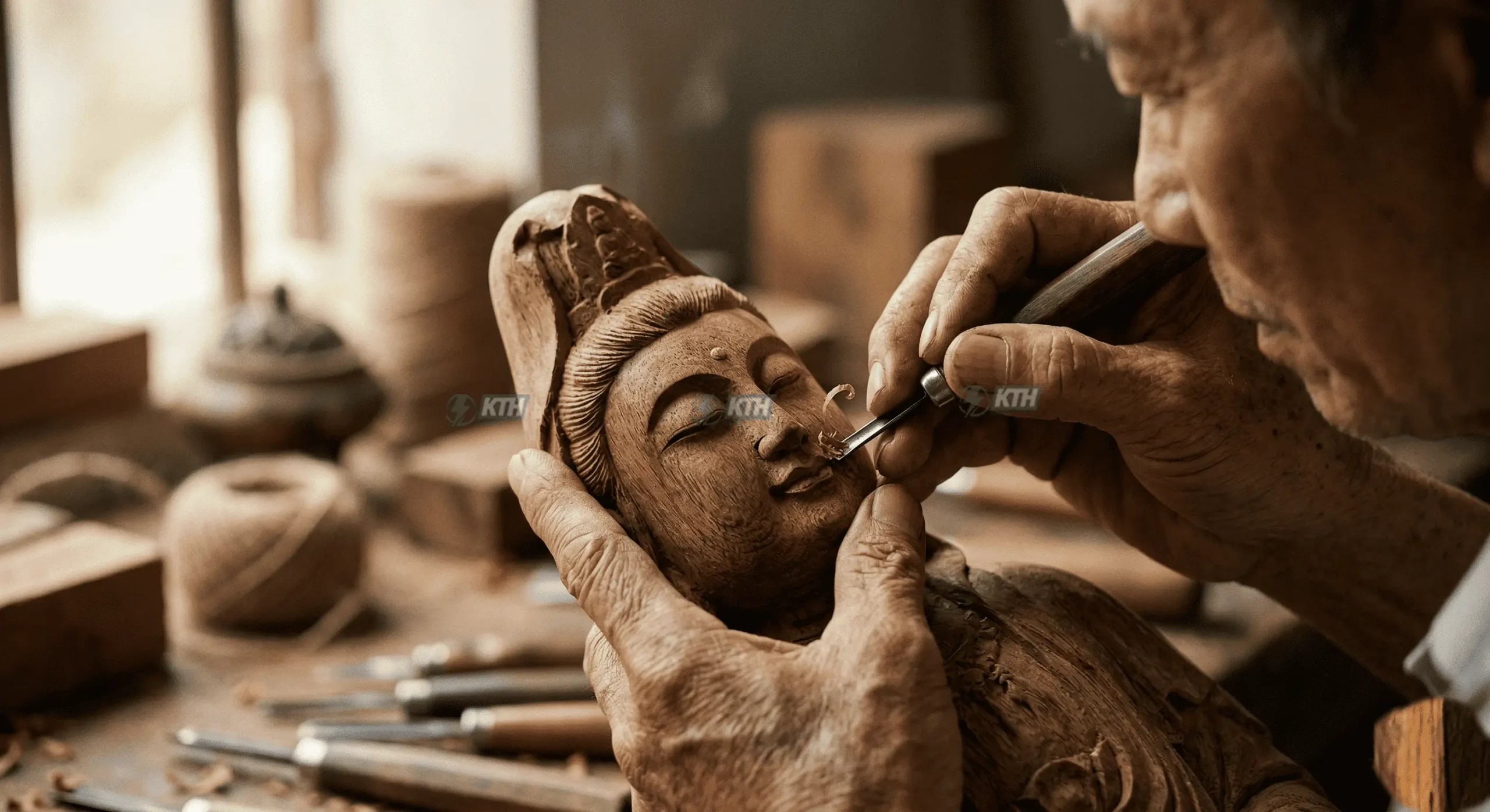 Tượng Phật Theo Yêu Cầu: Tôn Tượng Độc Bản, Chuẩn Thần Thái 2 Cận cảnh kỹ thuật đục đẽo tạo thần thái từ bi trên diện Phật Quan Thế Âm Bồ Tát chuẩn tỷ lệ nhân trắc học.