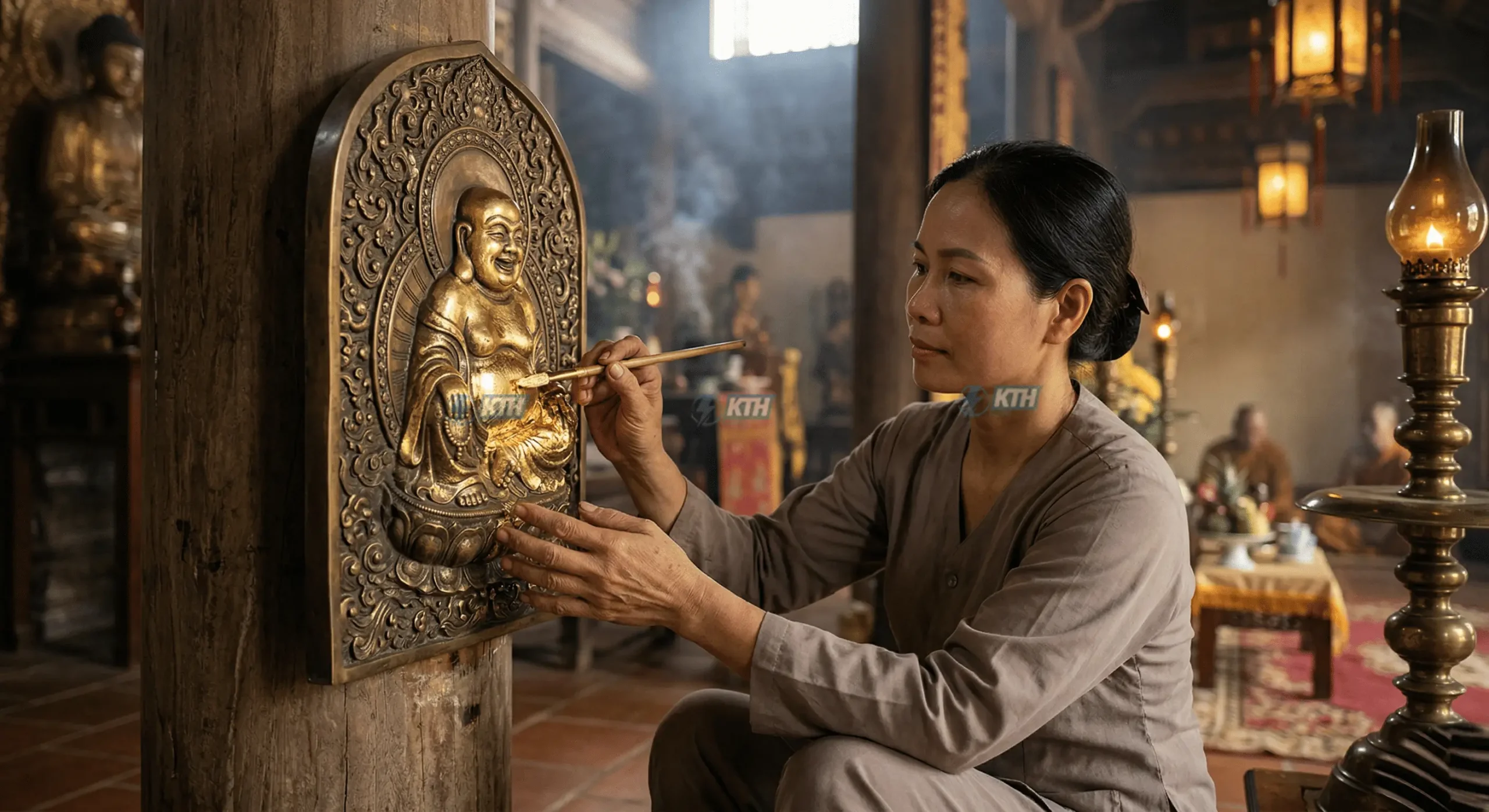 Kỹ thuật sơn son thiếp vàng bề mặt hoàn thiện cho tranh đắp nổi Phật giáo tại đại hùng bảo điện.