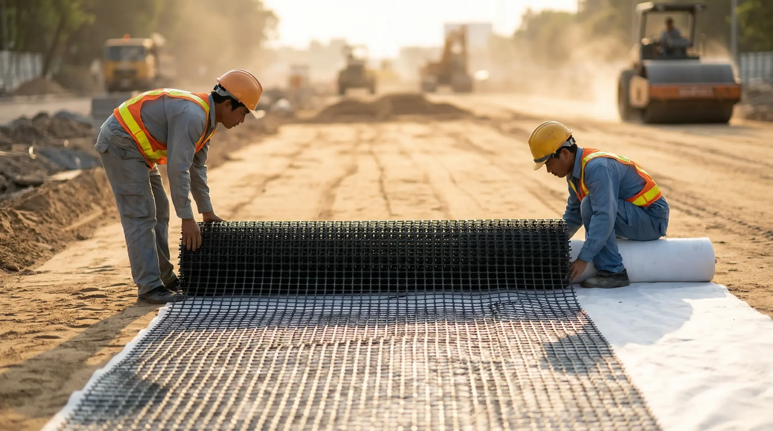 Biện pháp gia cố nền đất bằng lưới địa kỹ thuật Geogrid và vải địa kỹ thuật trong san lấp mặt bằng.