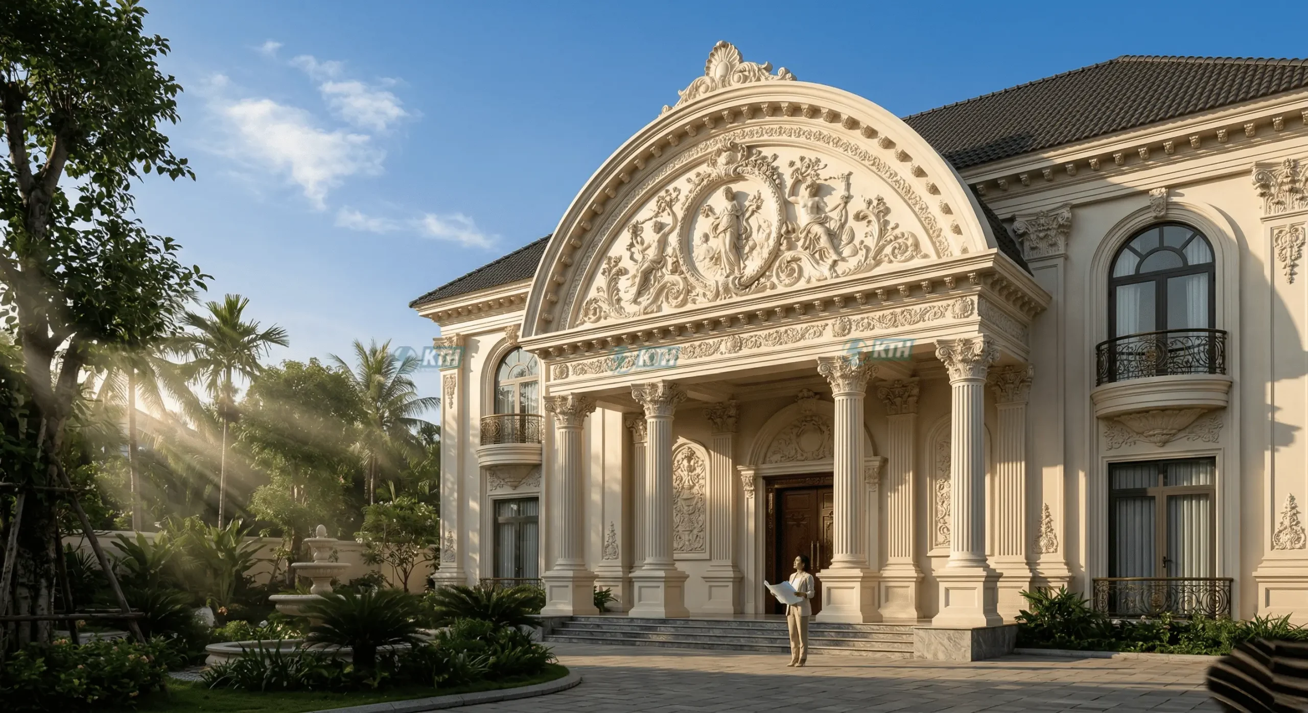 Mặt tiền lâu đài tỷ phú sử dụng 100% phù điêu xi măng đắp tay trực tiếp tạo sự liền mạch và đẳng cấp độc bản.